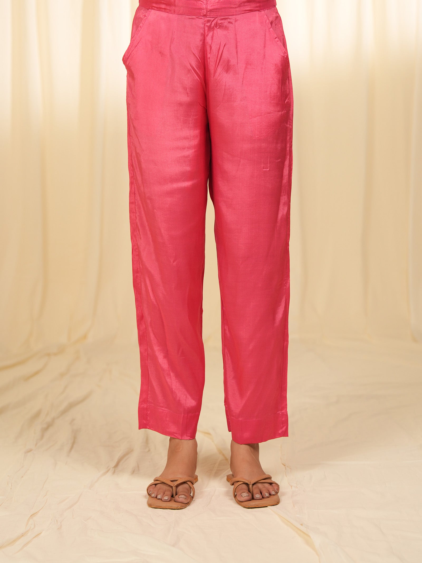Pink Paisley Bamboo Silk Straight Pants
