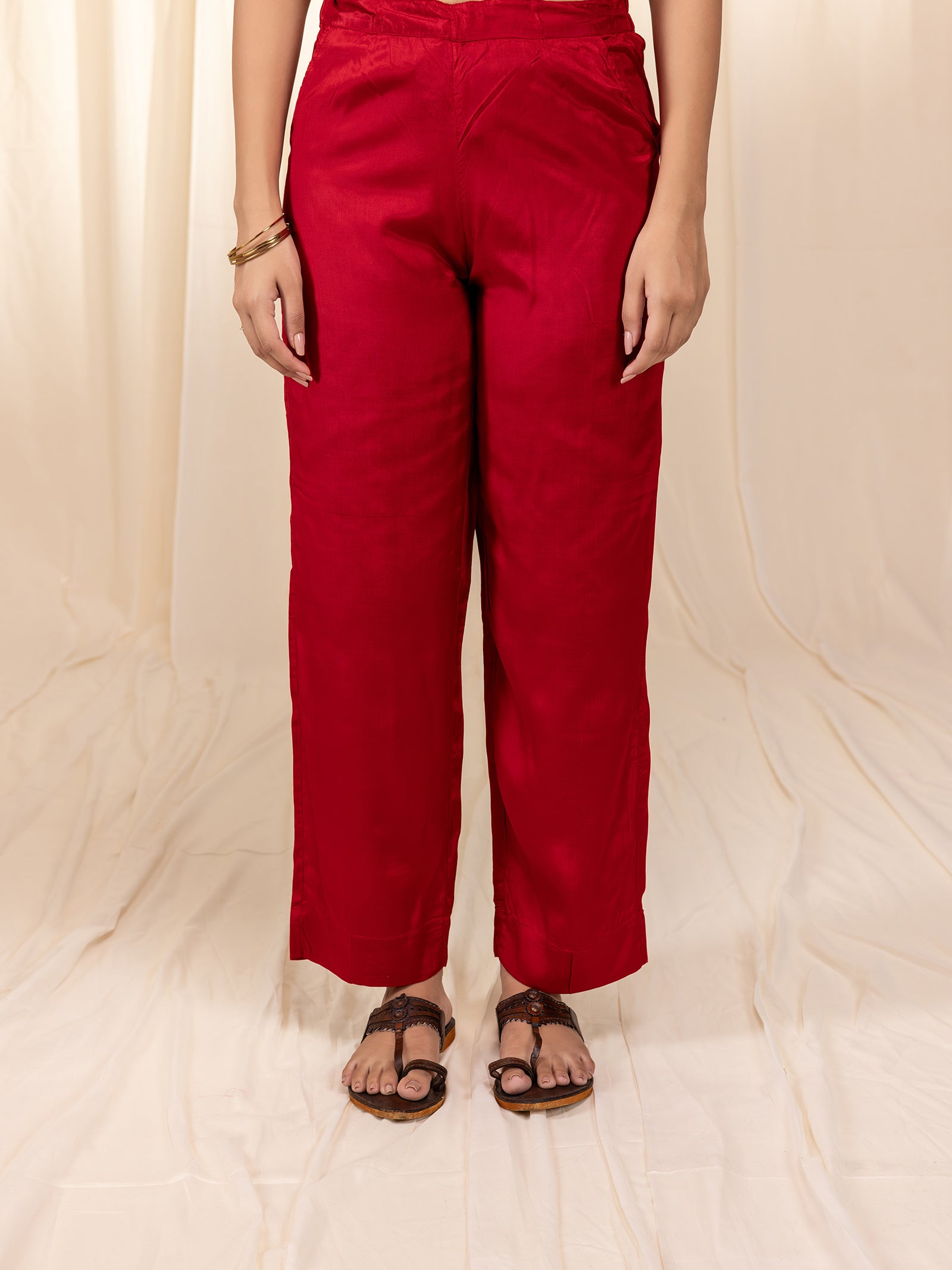 Sakhi Saheliya Red Bamboo Silk Straight Pants