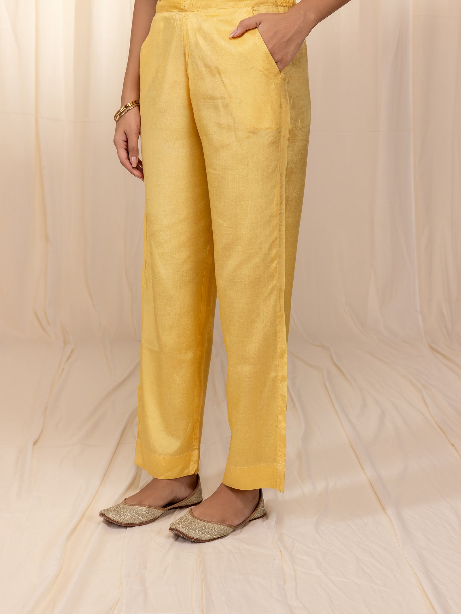 Sakhi Saheliya Yellow Bamboo Silk Straight Pants