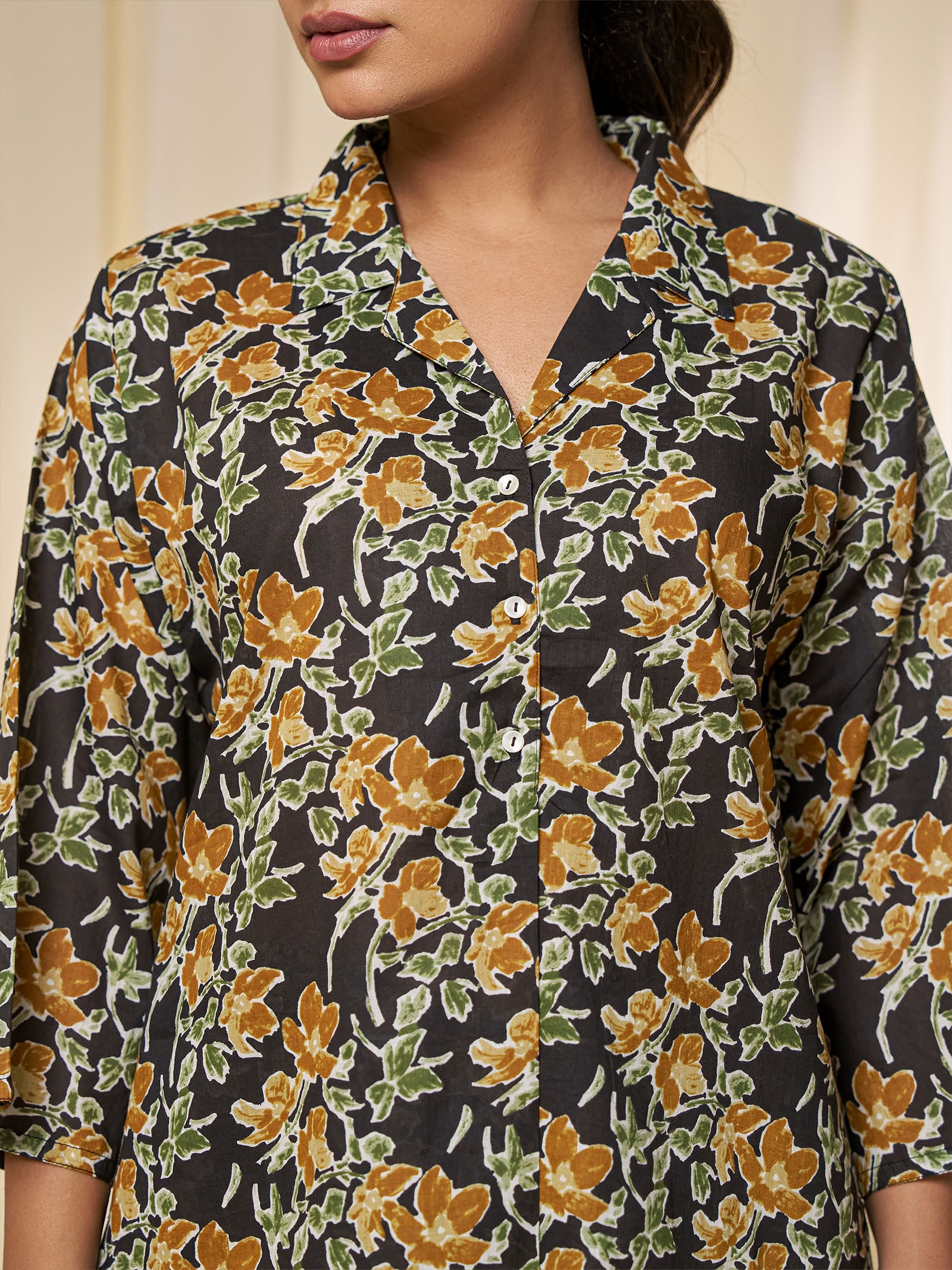 Midnight Blossom Collared Voile Night Suit