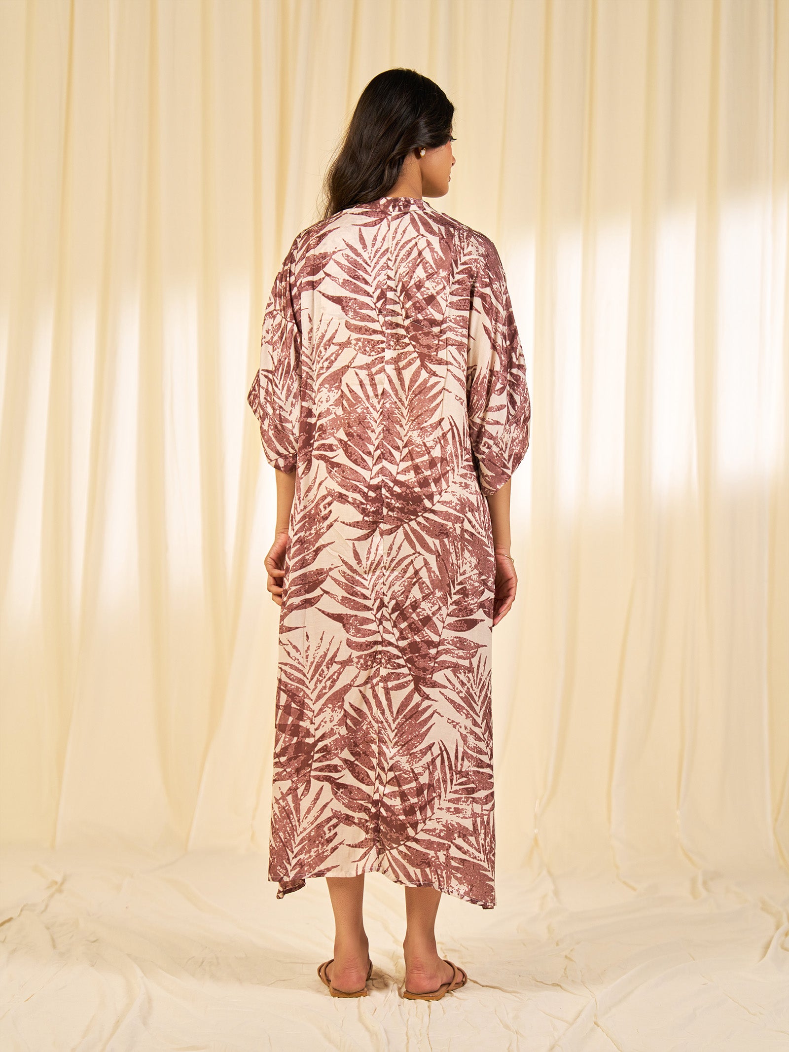 Stolen Secrets - Beige Leaves Modal Satin Dress