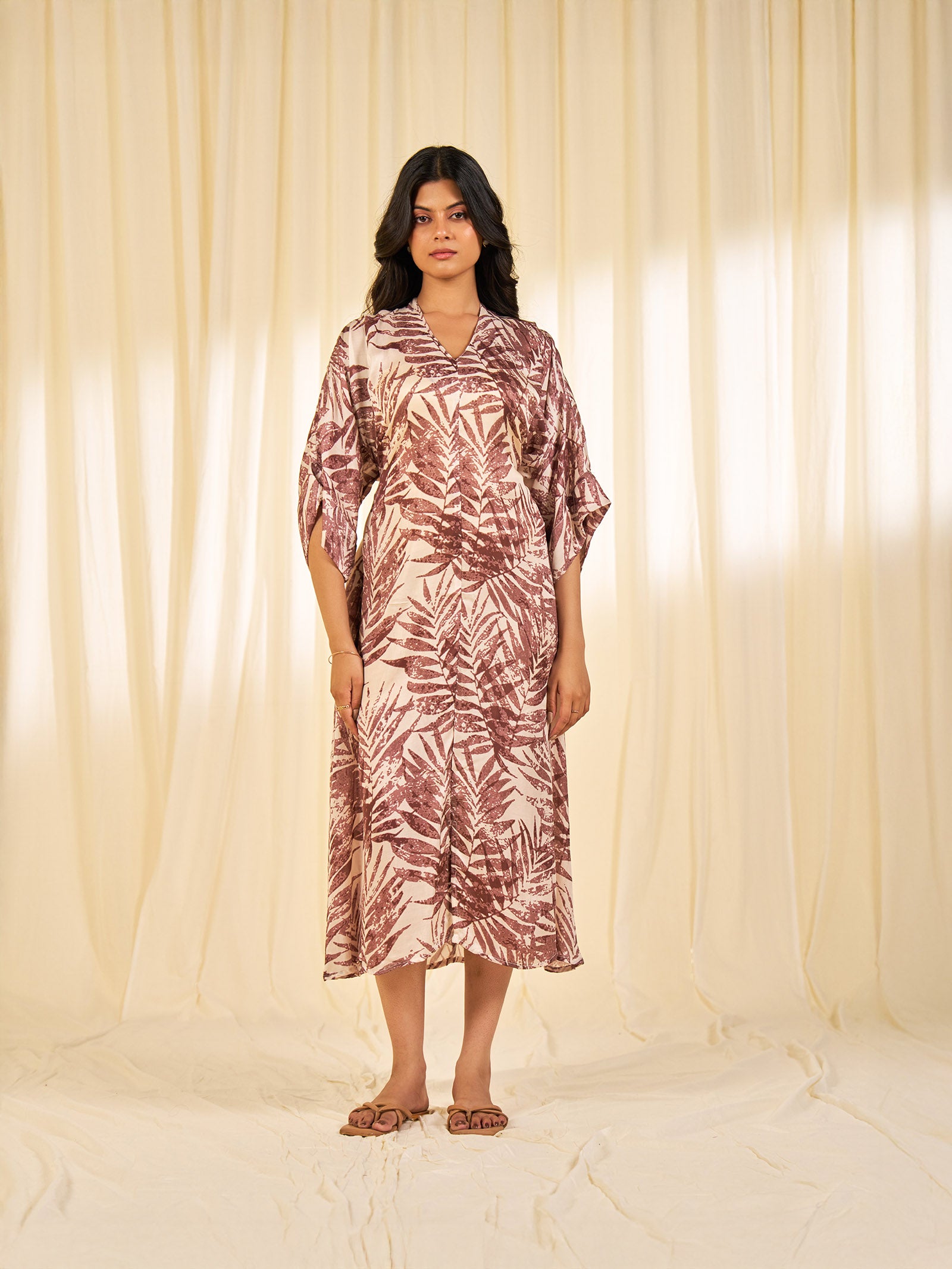 Stolen Secrets - Beige Leaves Modal Satin Dress