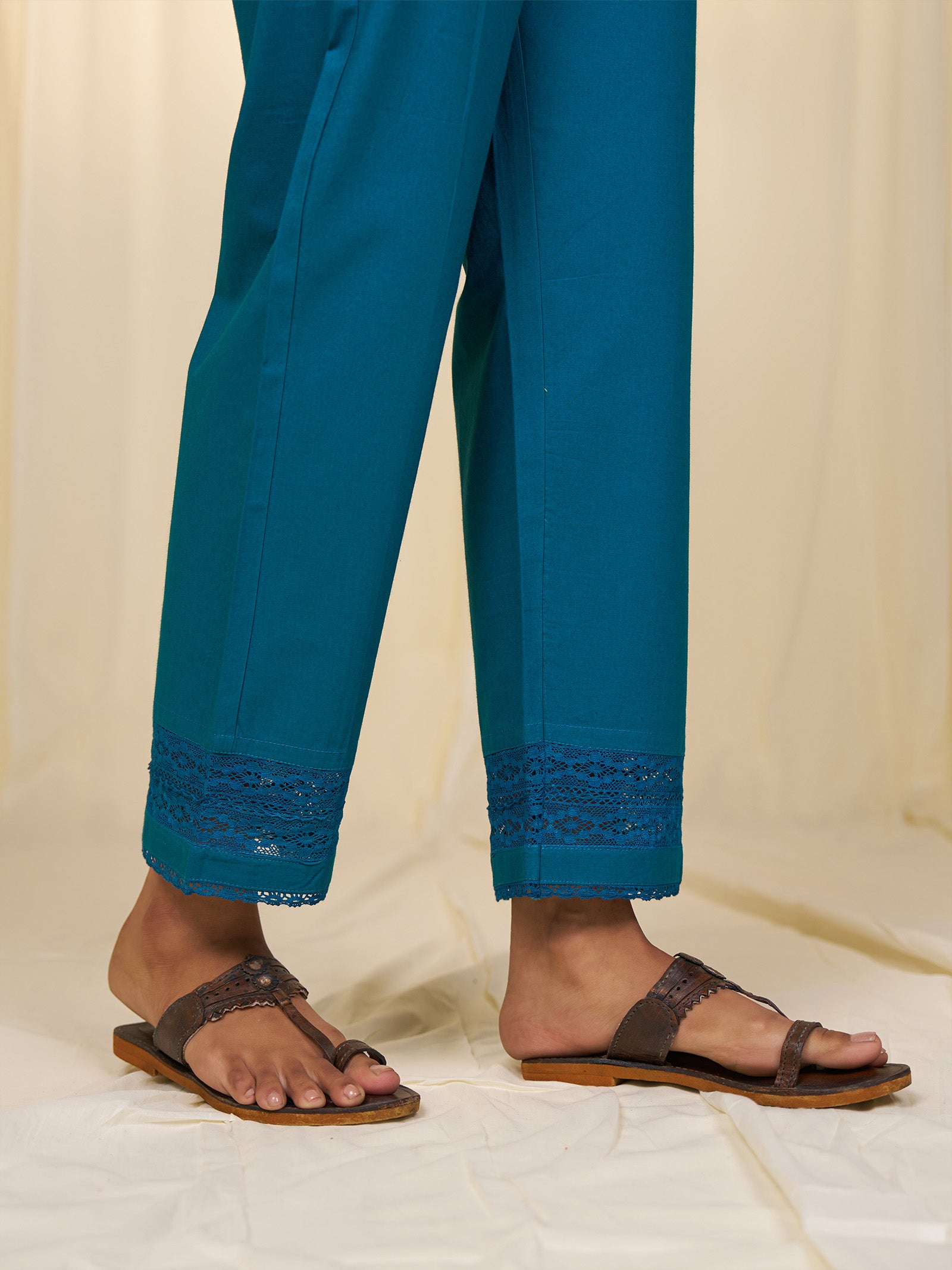 Teal Cotton Straight Pants