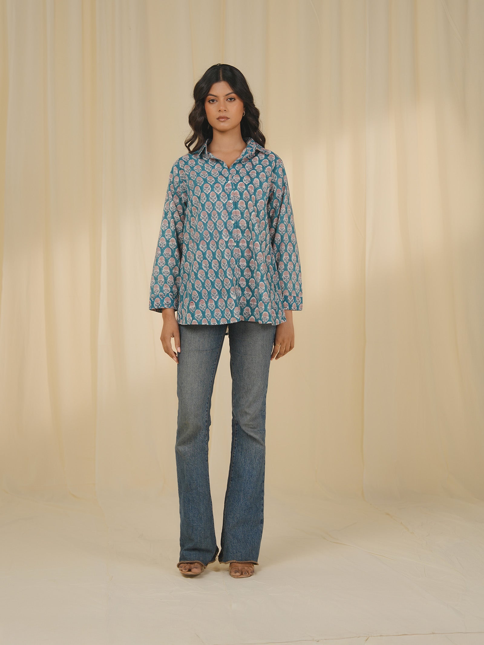 Teal Print Cotton Shirt