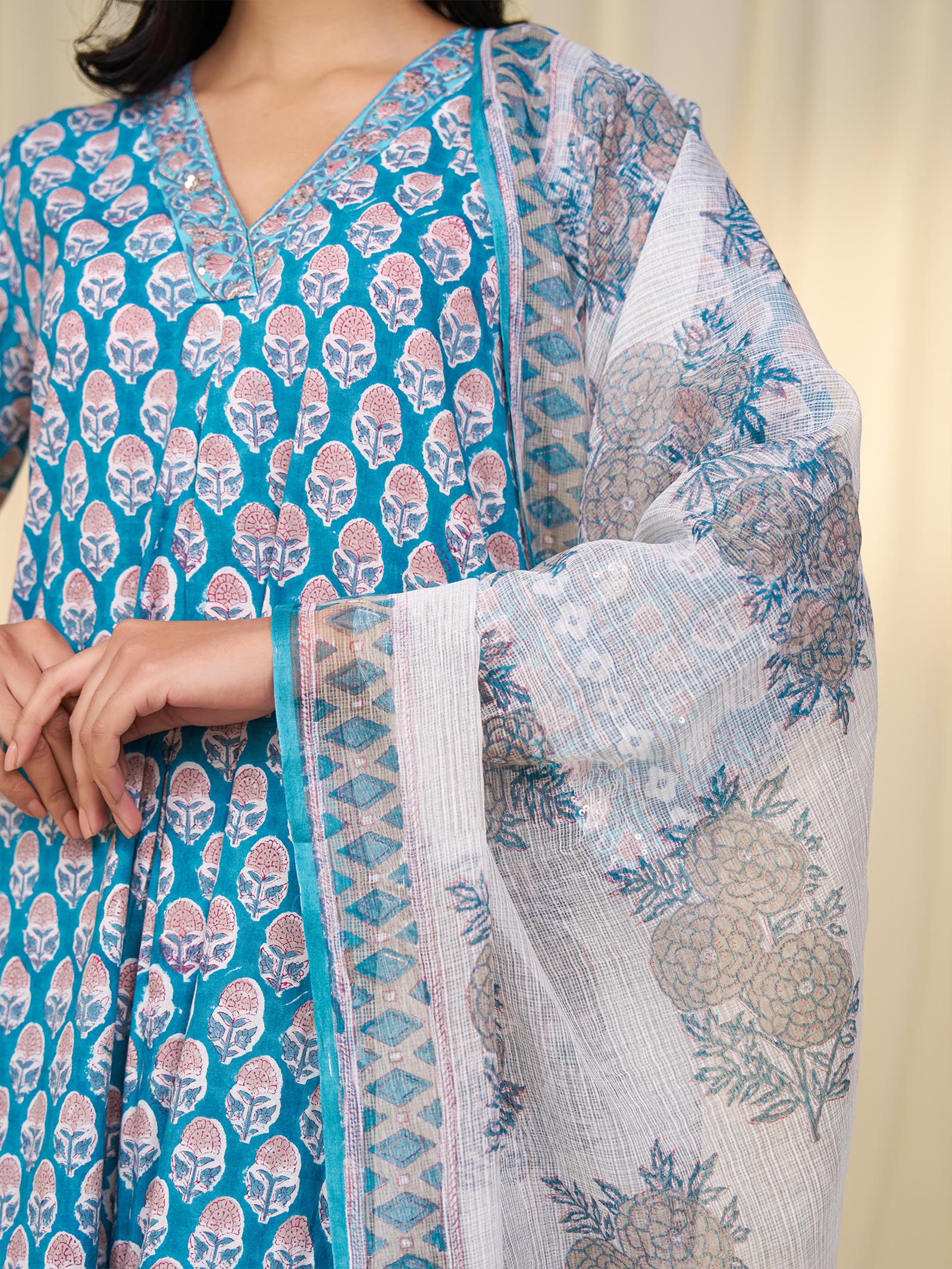 Teal Printed Kota Dupatta