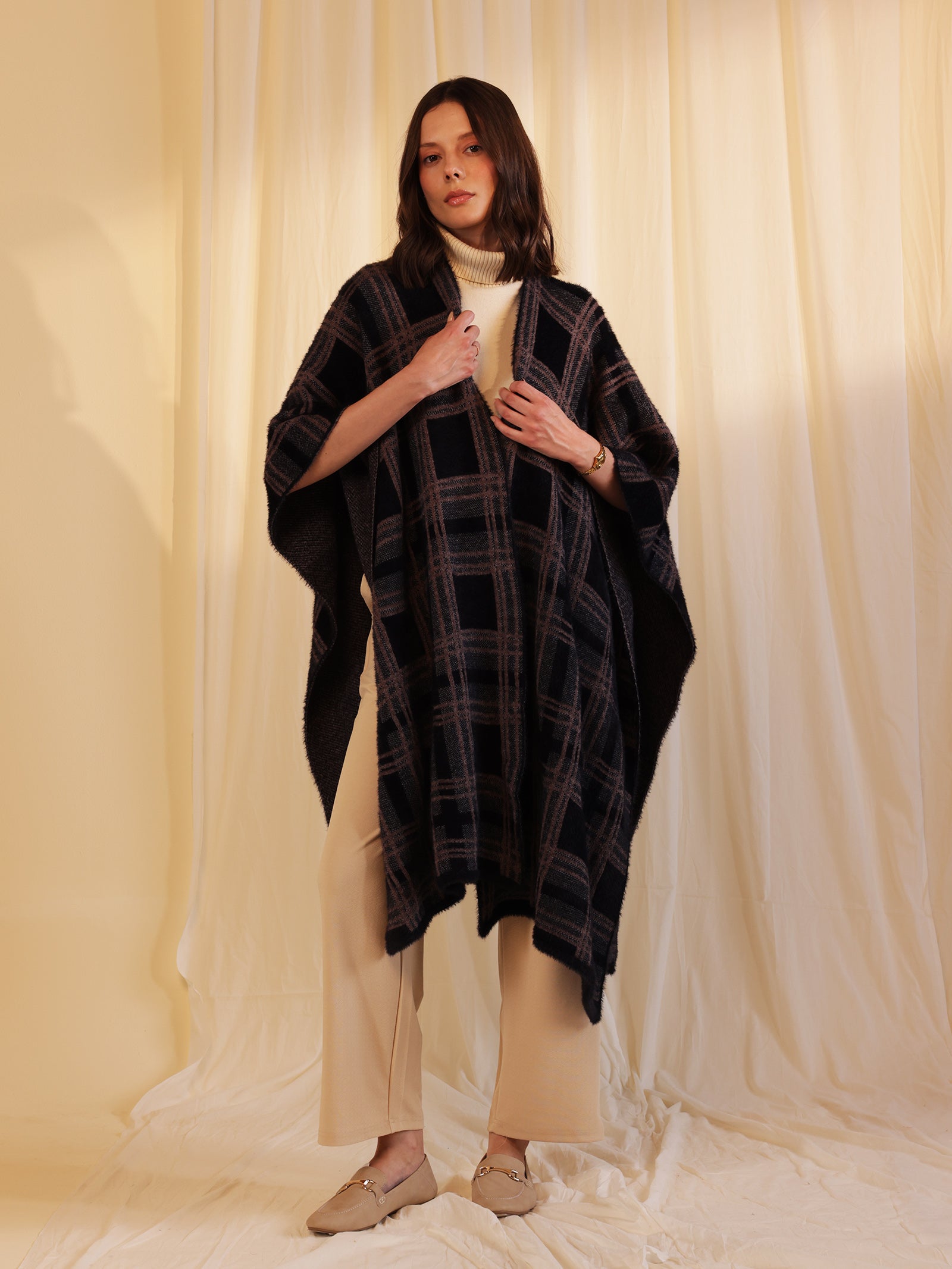 Woolen Reversible Check Cape Ebony