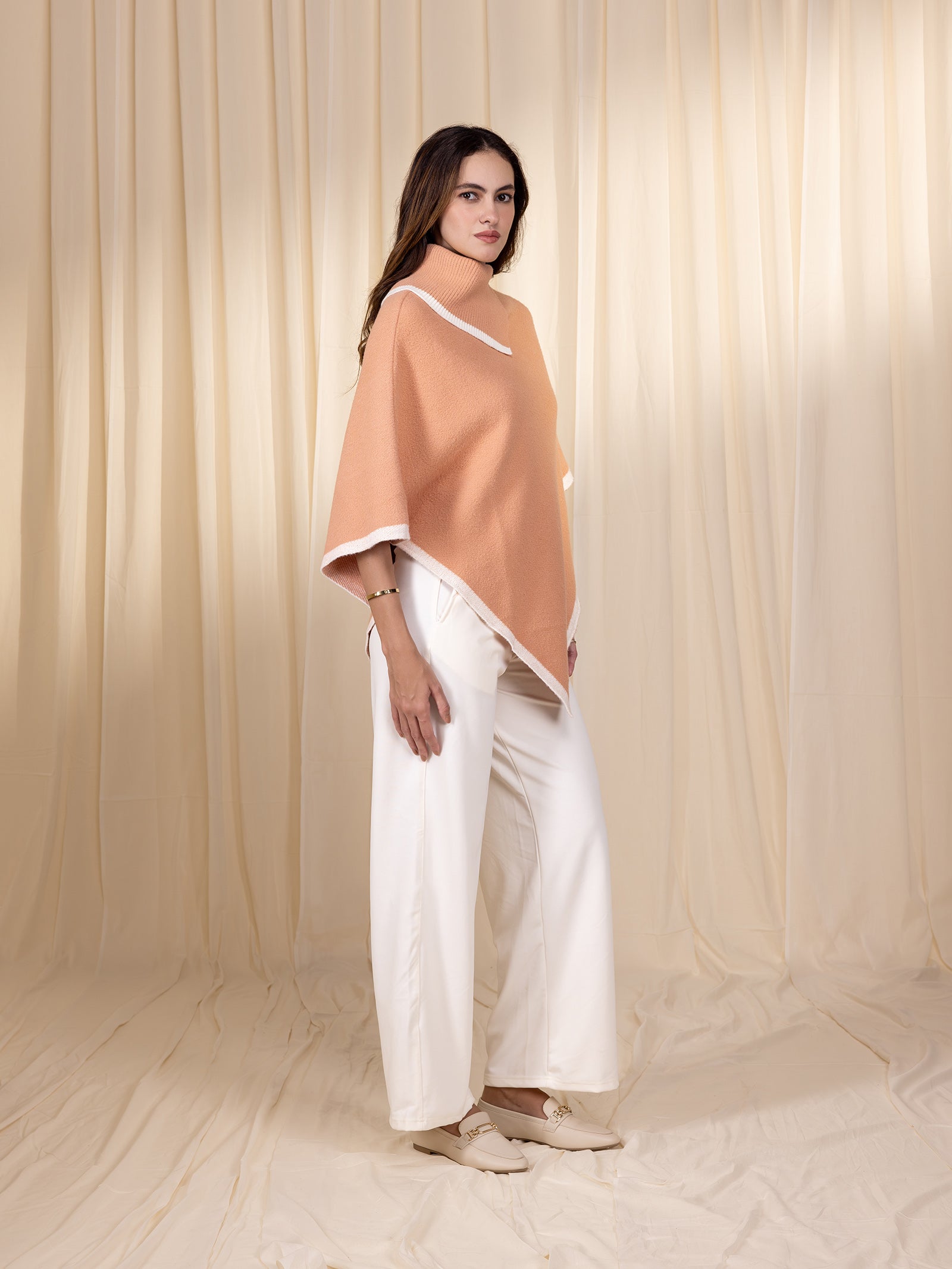 Woollen Collared Poncho - Apricot
