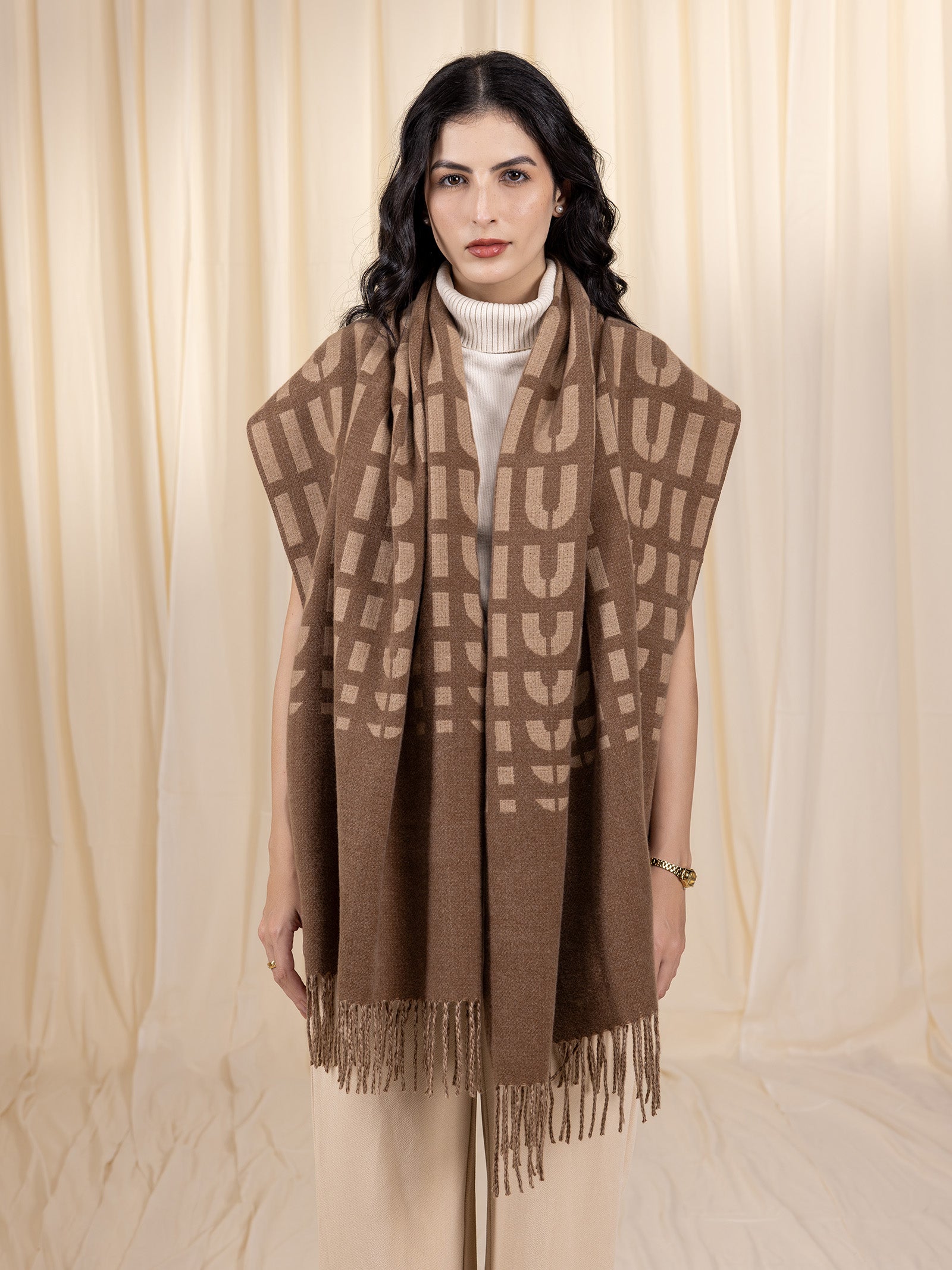 Woollen Reversible Loom Stole - Toffee