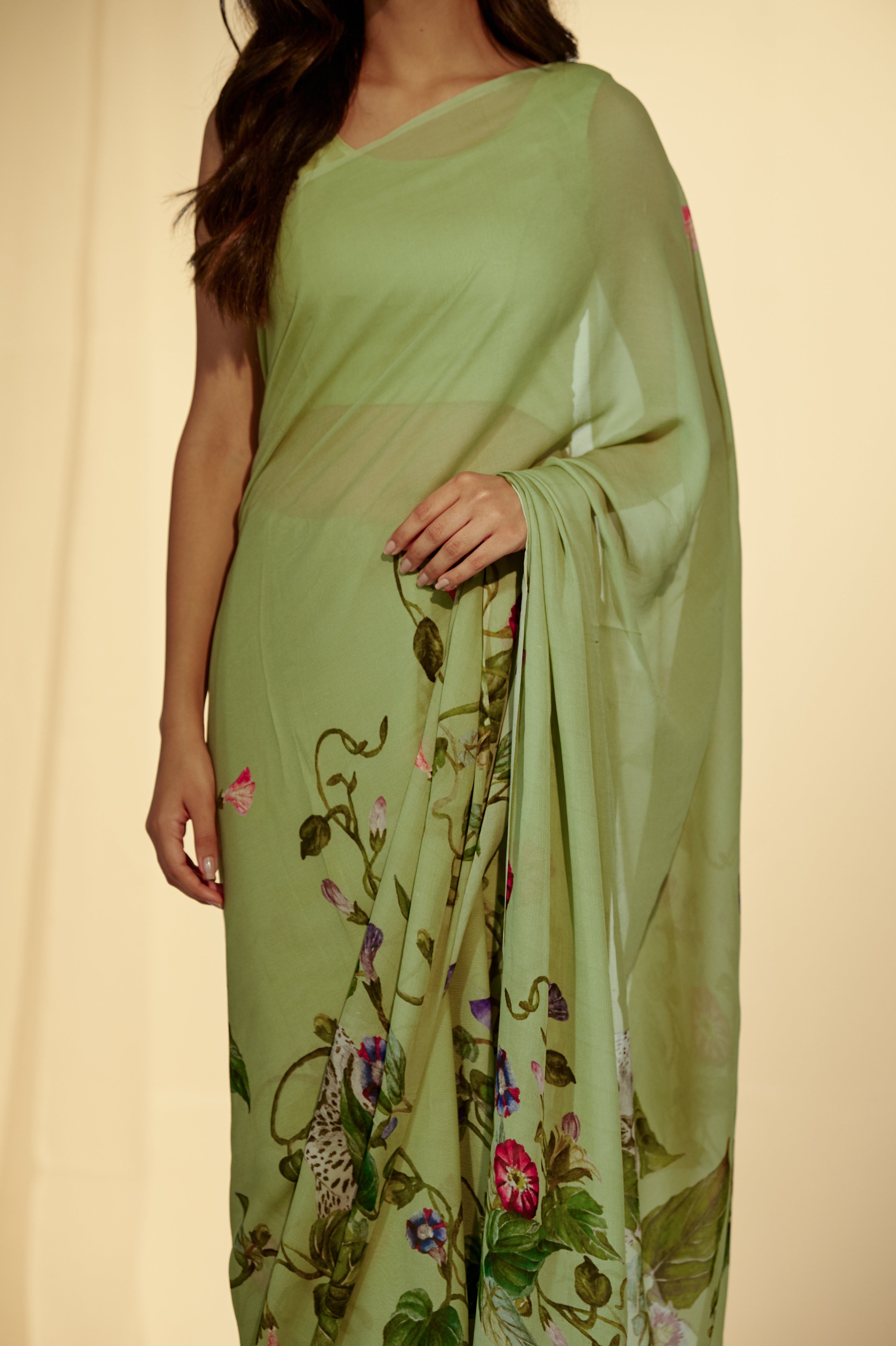 Enchanted Forest - Leopards & Creeper Chiffon Saree