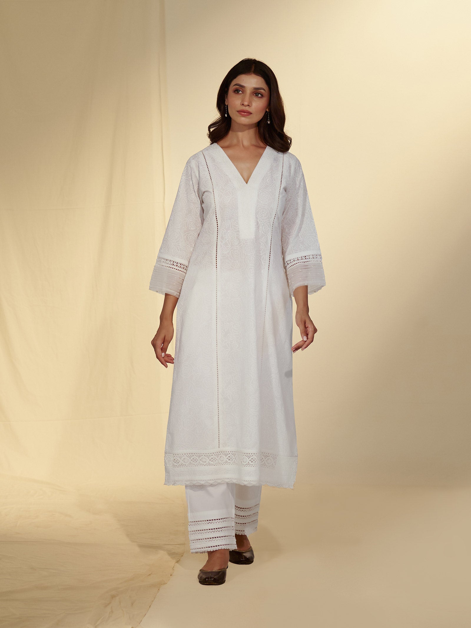 Roses In White Cotton Kurta