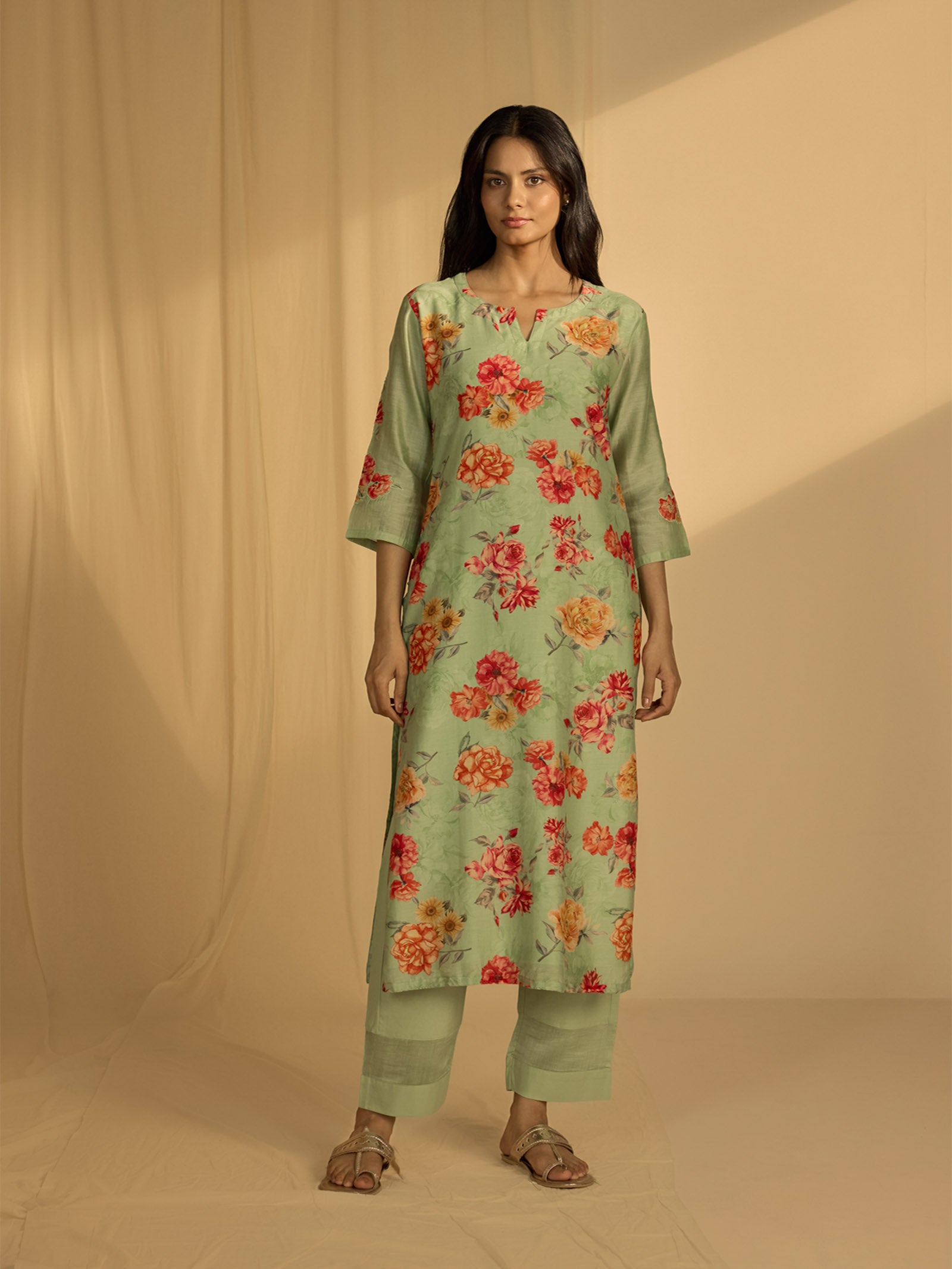 Big Flower Green Chanderi Kurta