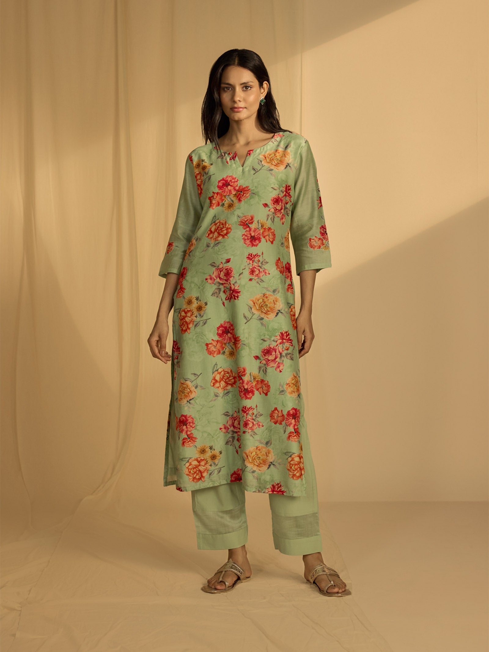 Big Flower Green Chanderi Kurta