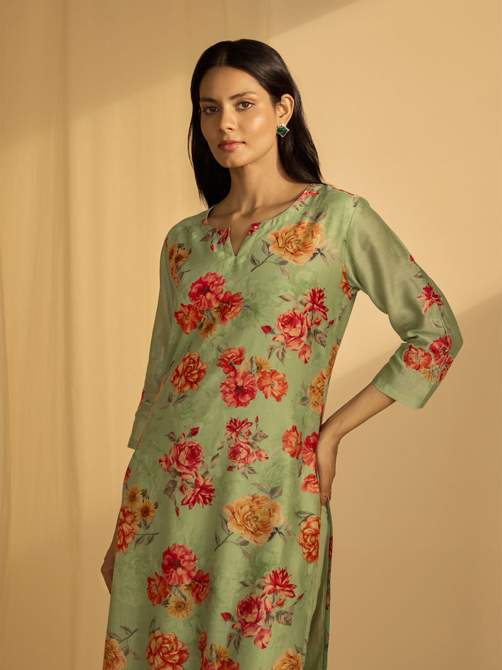 Big Flower Green Chanderi Kurta