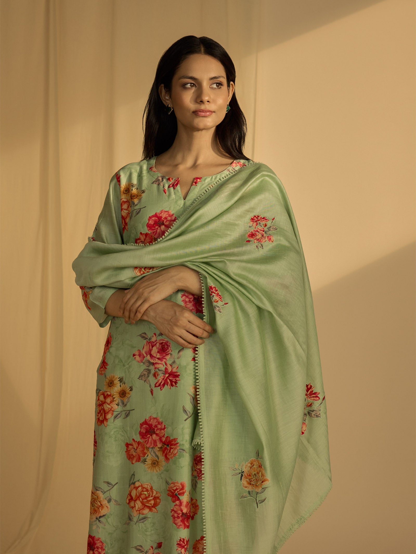 Big Flower Green Chanderi Dupatta