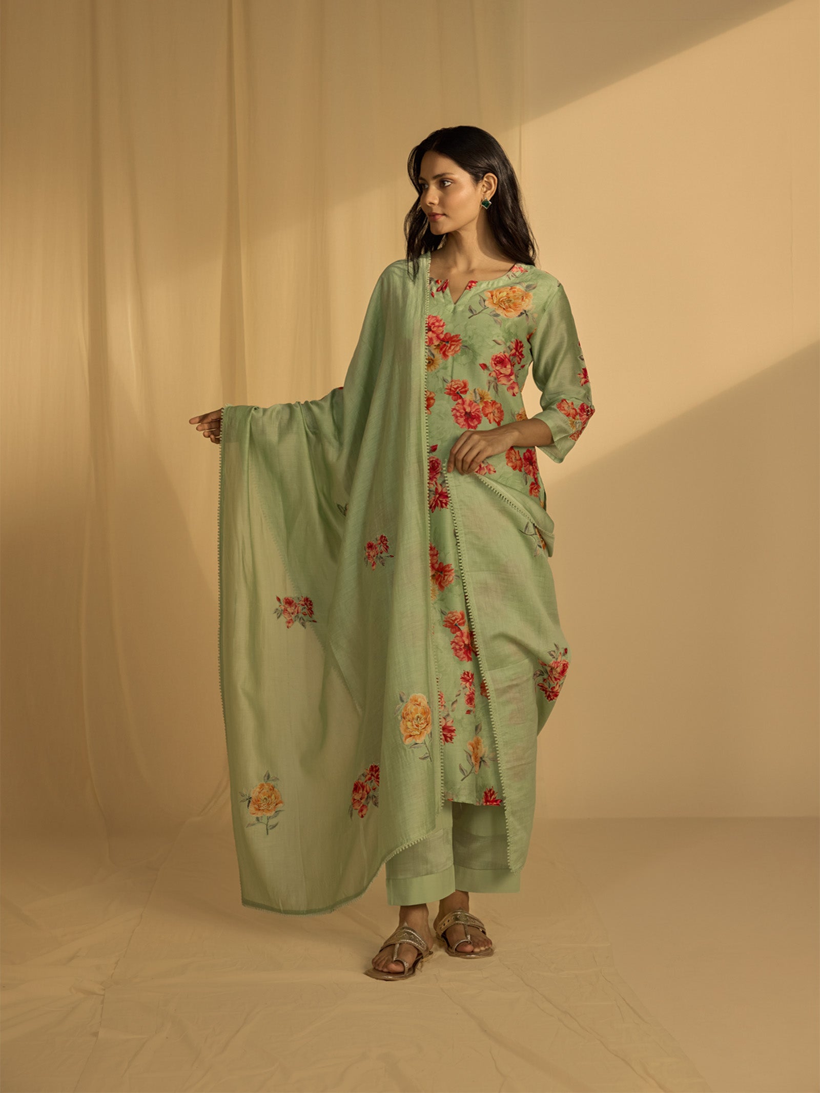 Big Flower Green Chanderi Dupatta