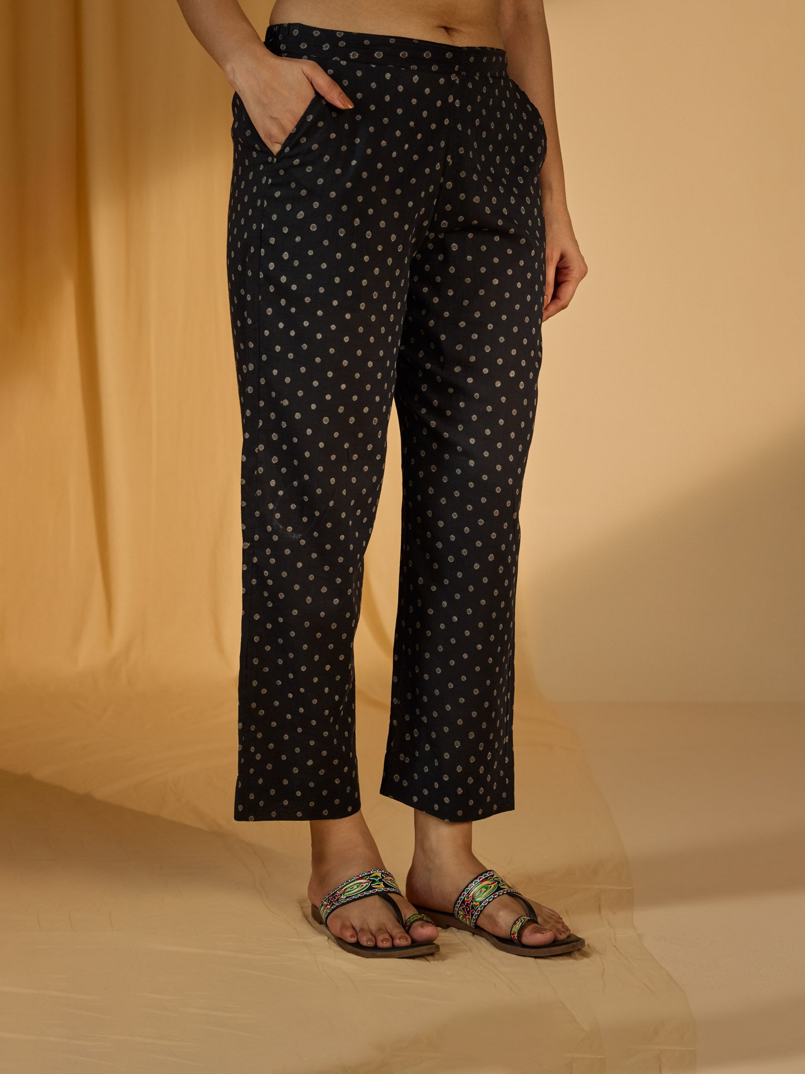 Dotty Black Cotton Straight Pant