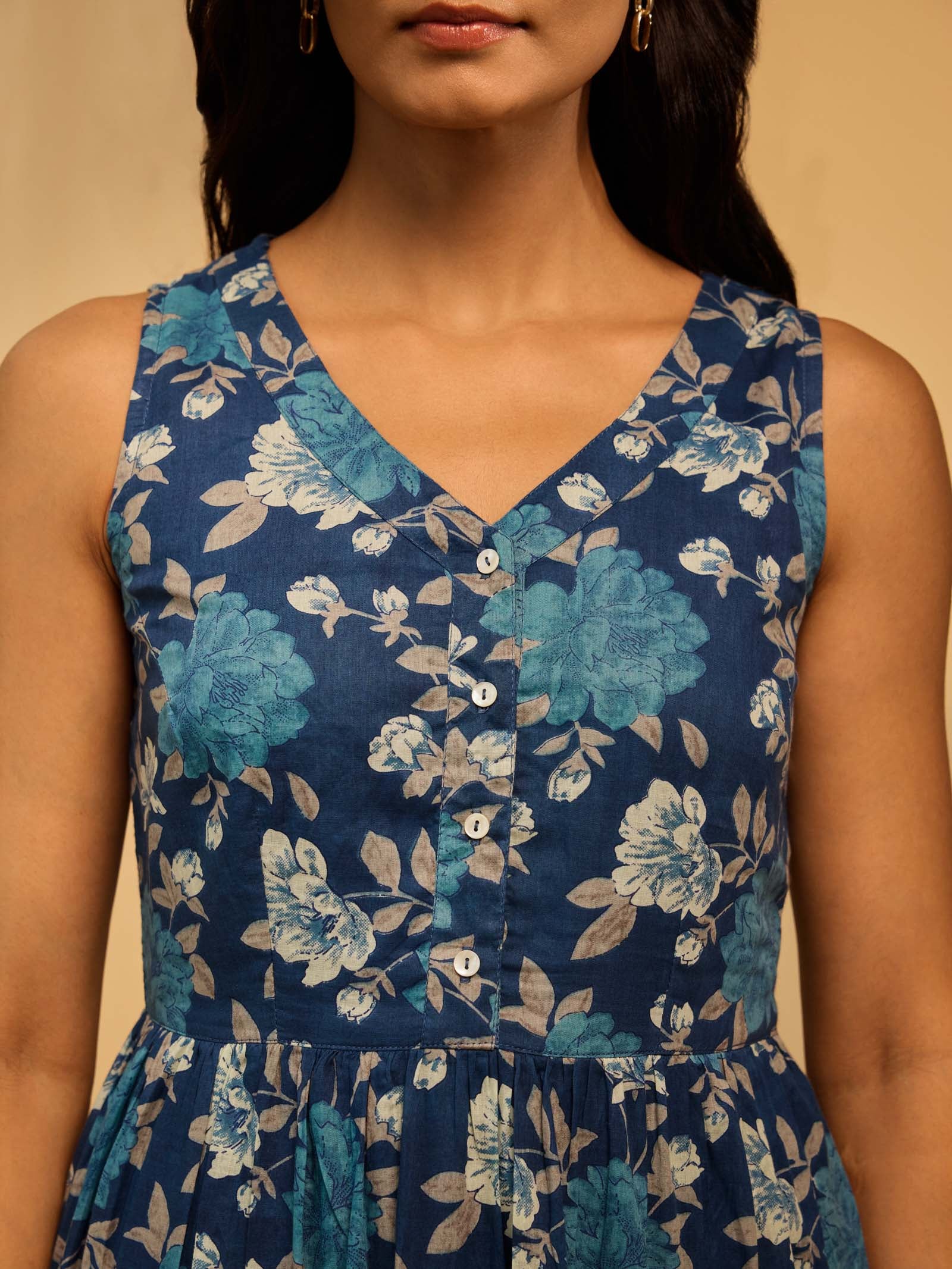 Navy Blue Blossom Cotton Dress