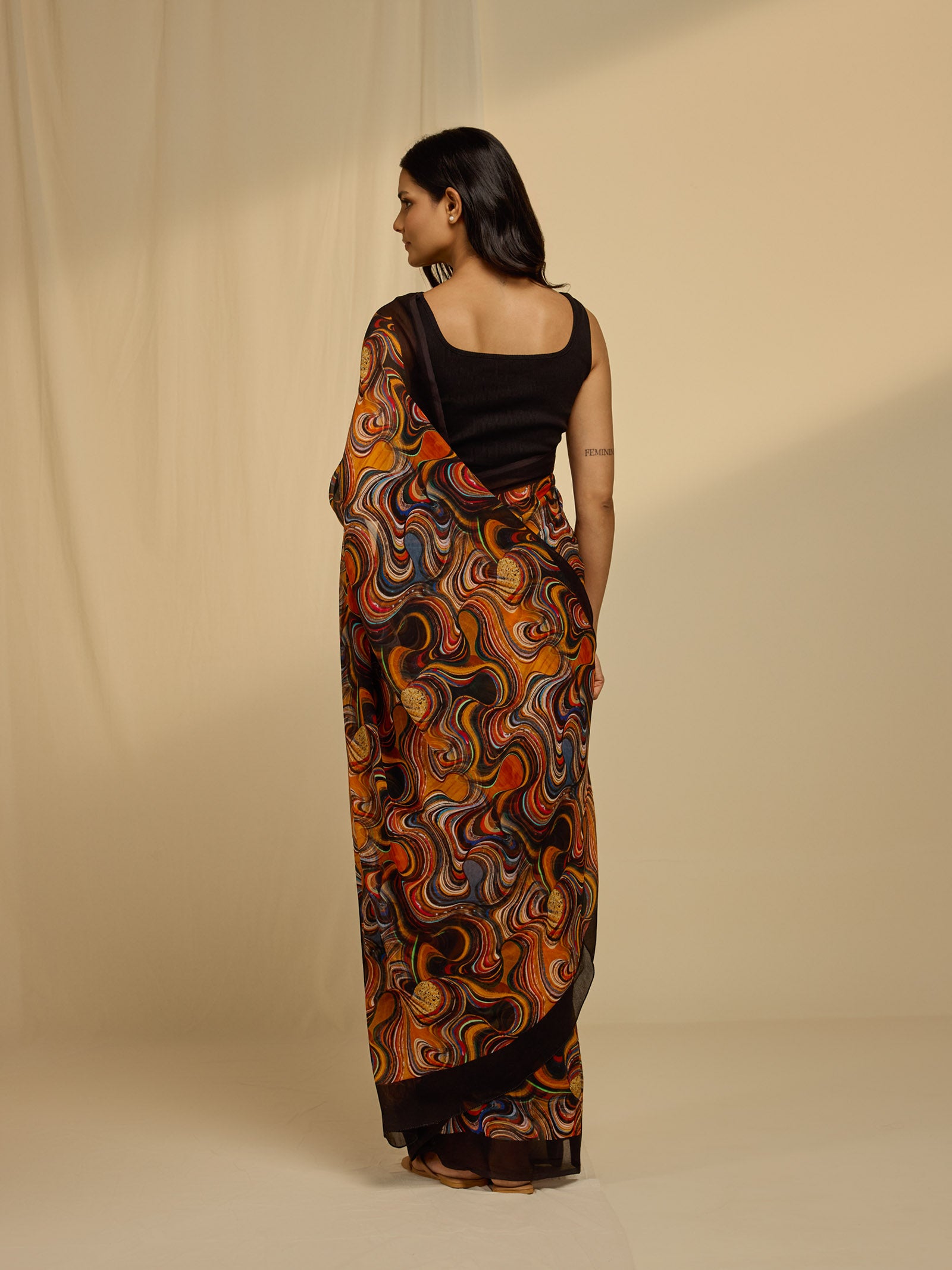 Abstract Orange Chiffon Saree