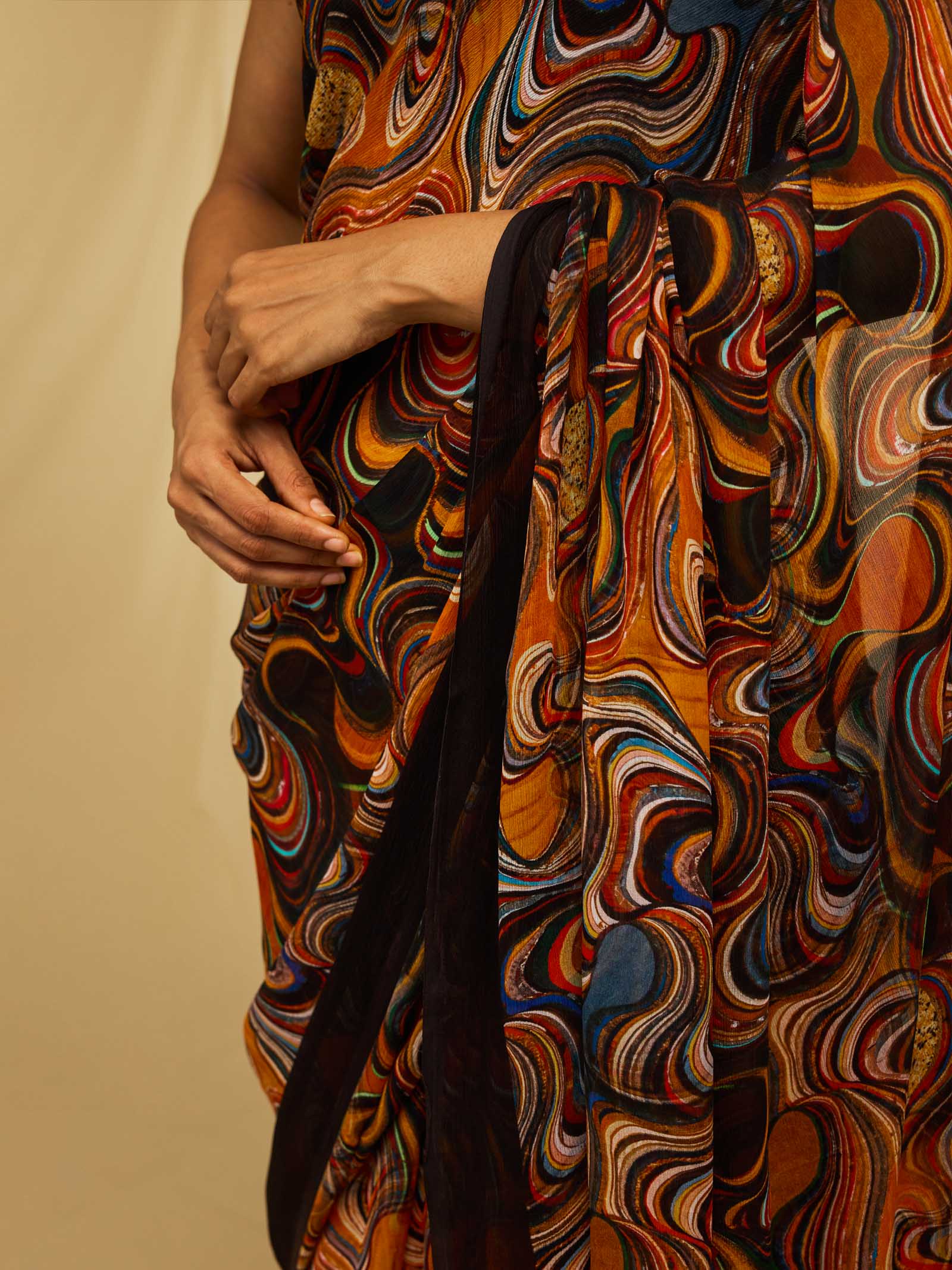 Abstract Orange Chiffon Saree