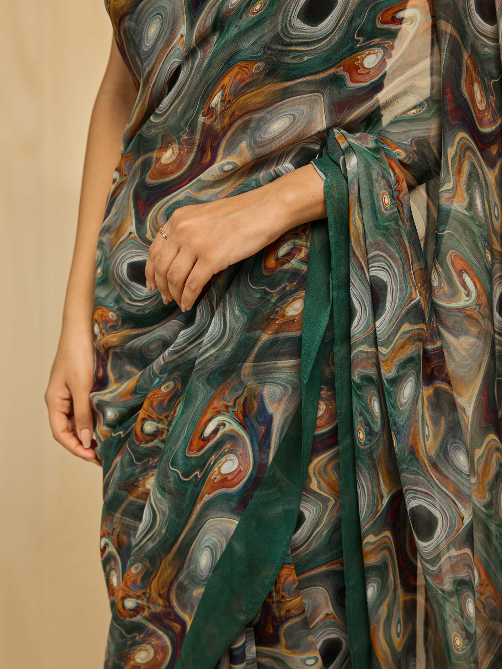 Abstract Green Chiffon Saree