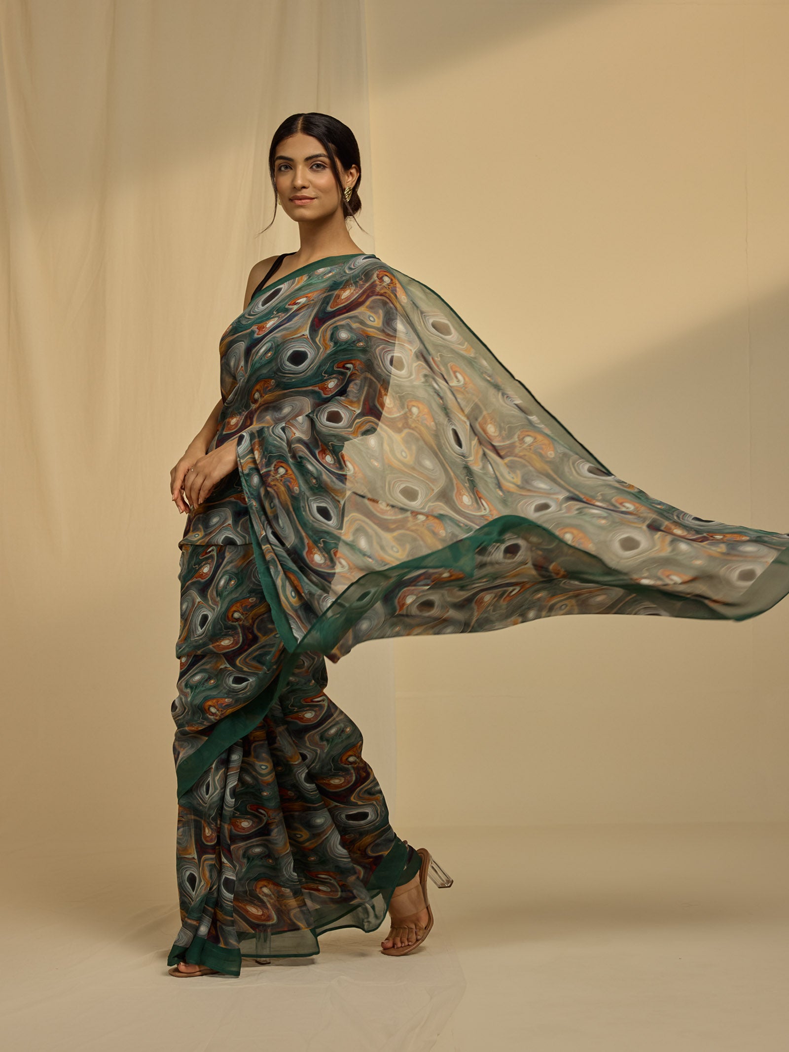 Abstract Green Chiffon Saree