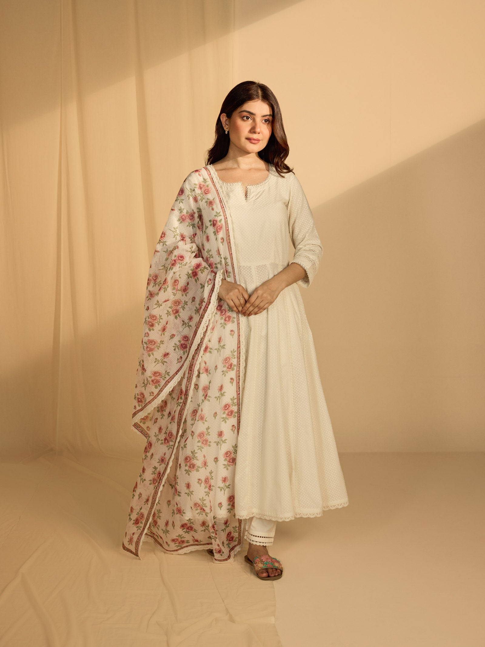 Raw Ecru Midsummer Rose Kota Dupatta