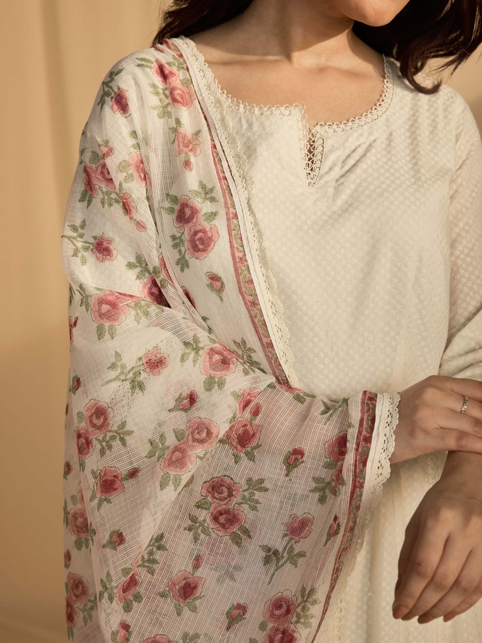 Raw Ecru Midsummer Rose Kota Dupatta