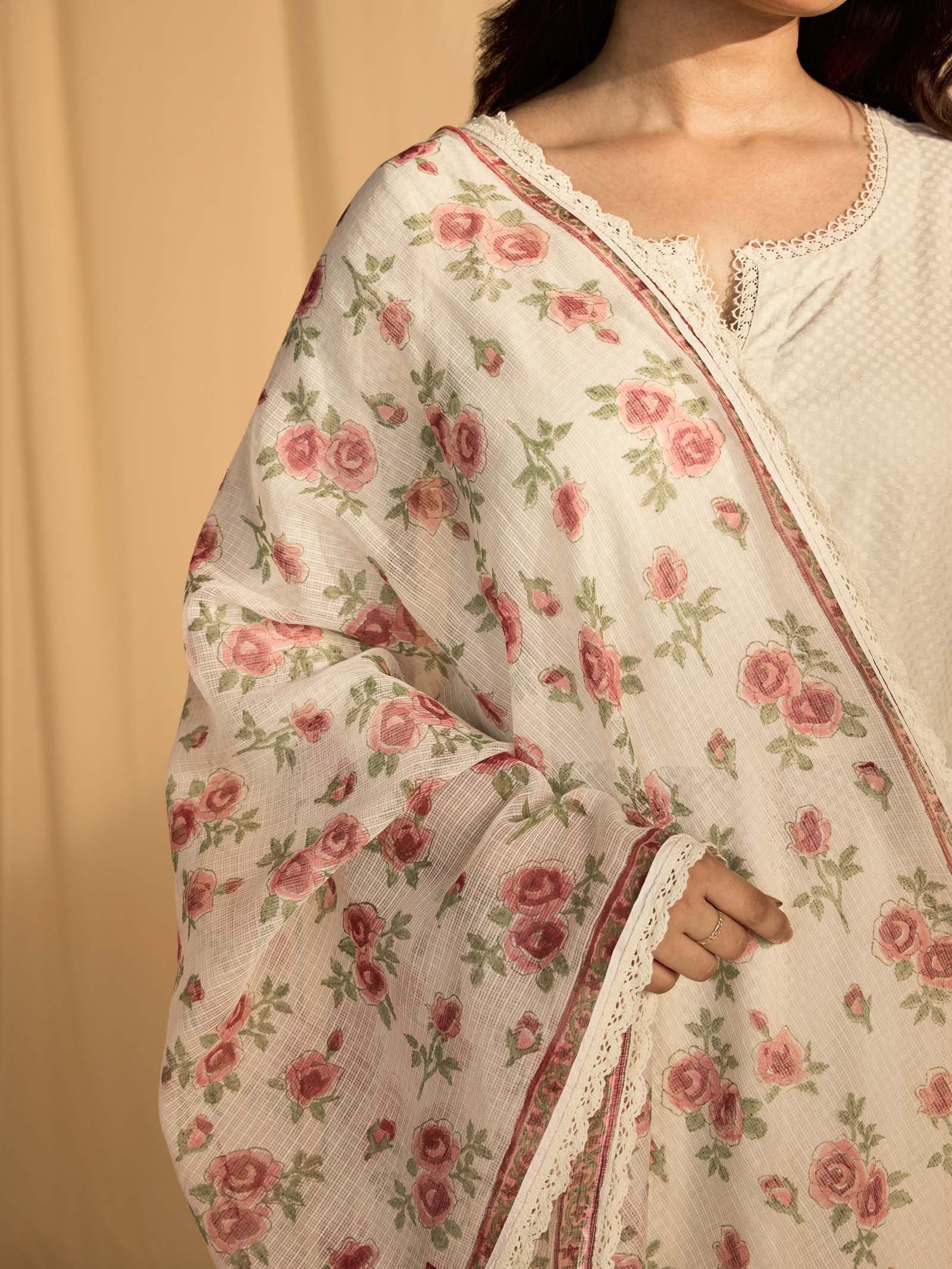 Raw Ecru Midsummer Rose Kota Dupatta