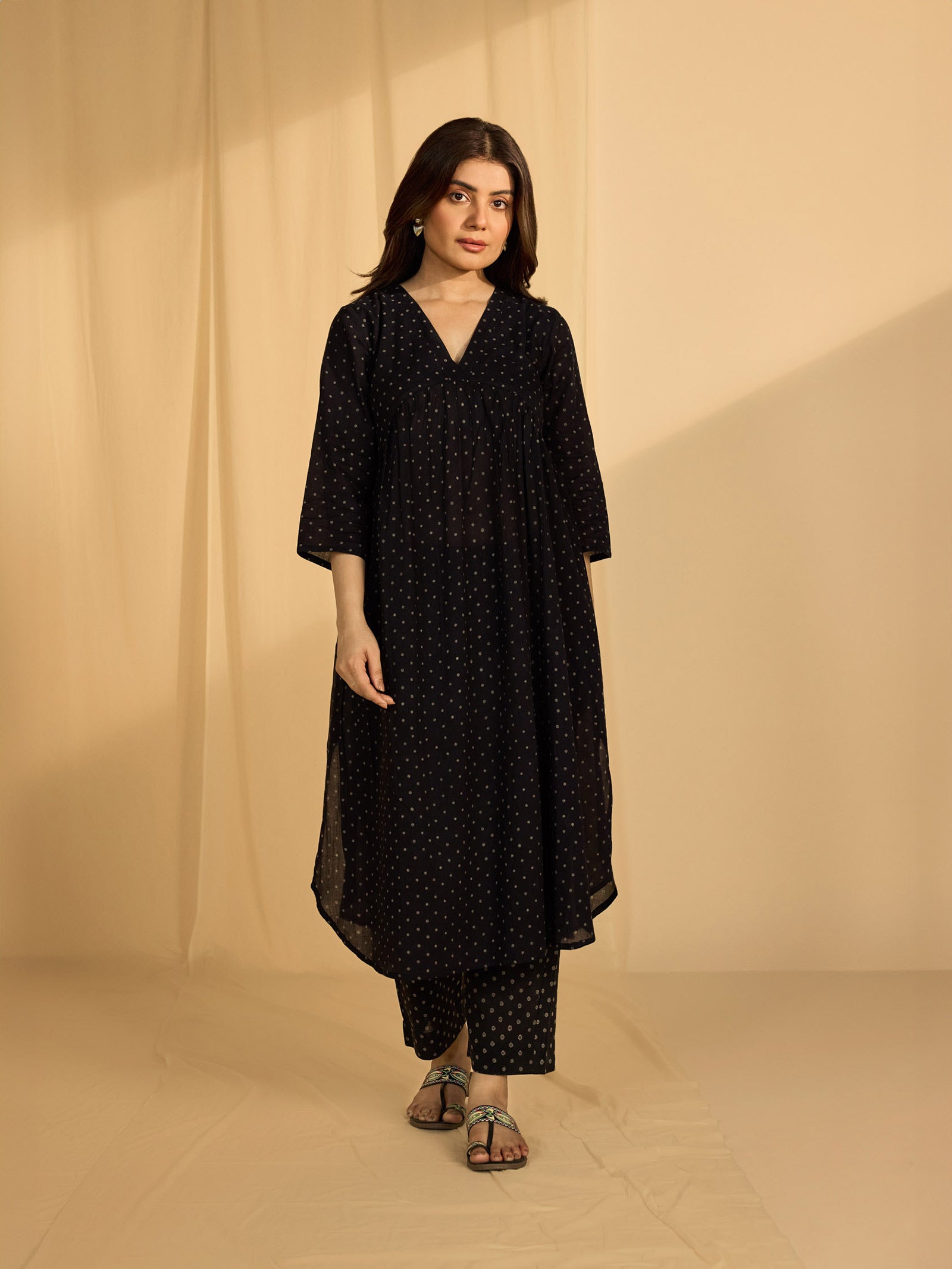 Dotty Black Cotton Kurta