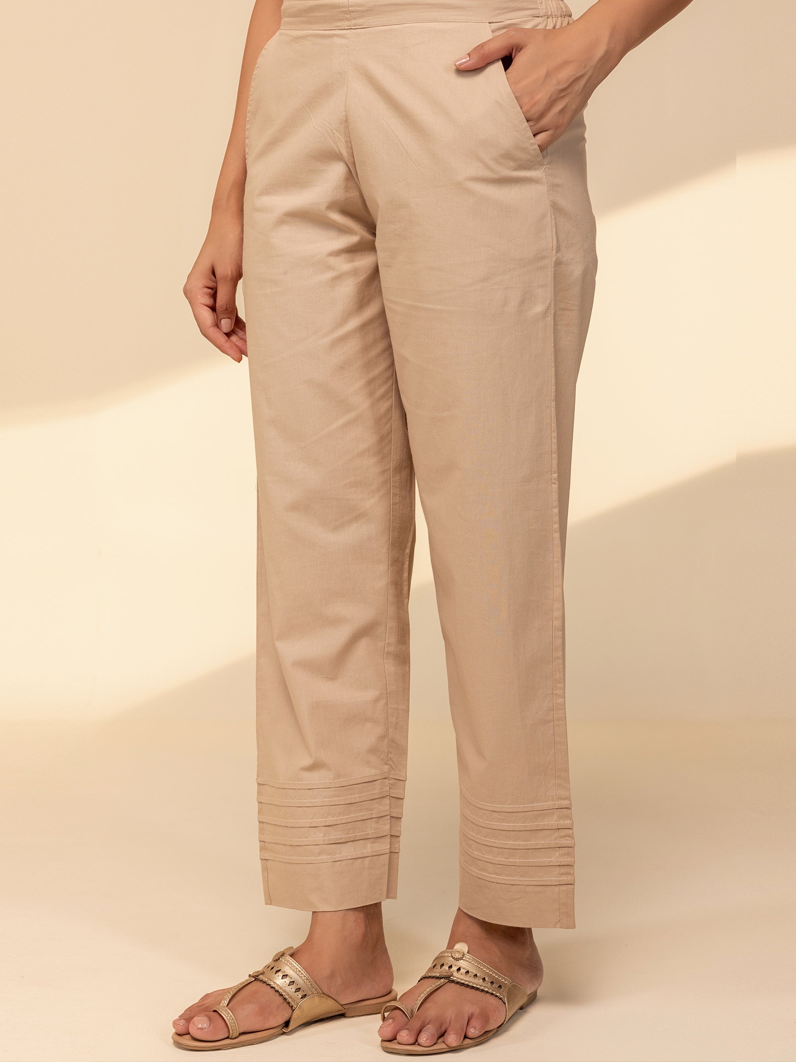 Plain Beige Cotton Straight Pant