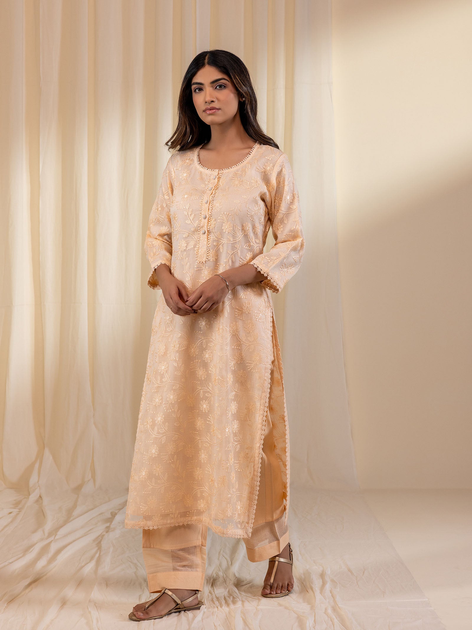 Kota Jaal Peach Kurta