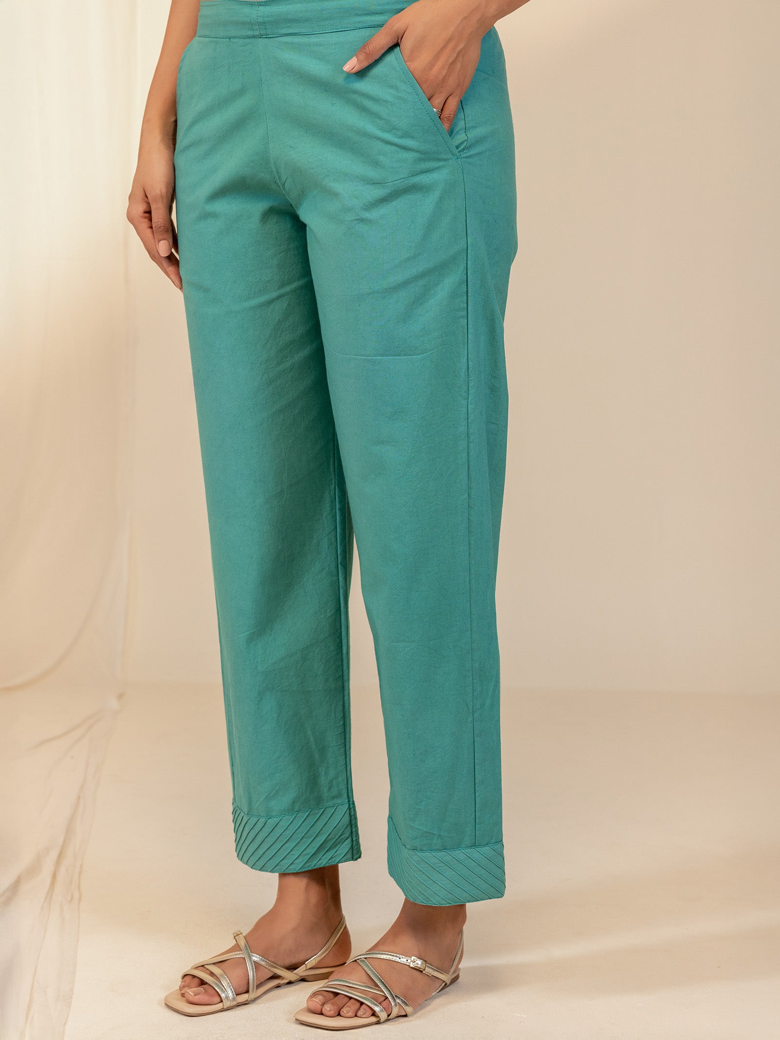 The Artisans Teal Cotton Straight Pant