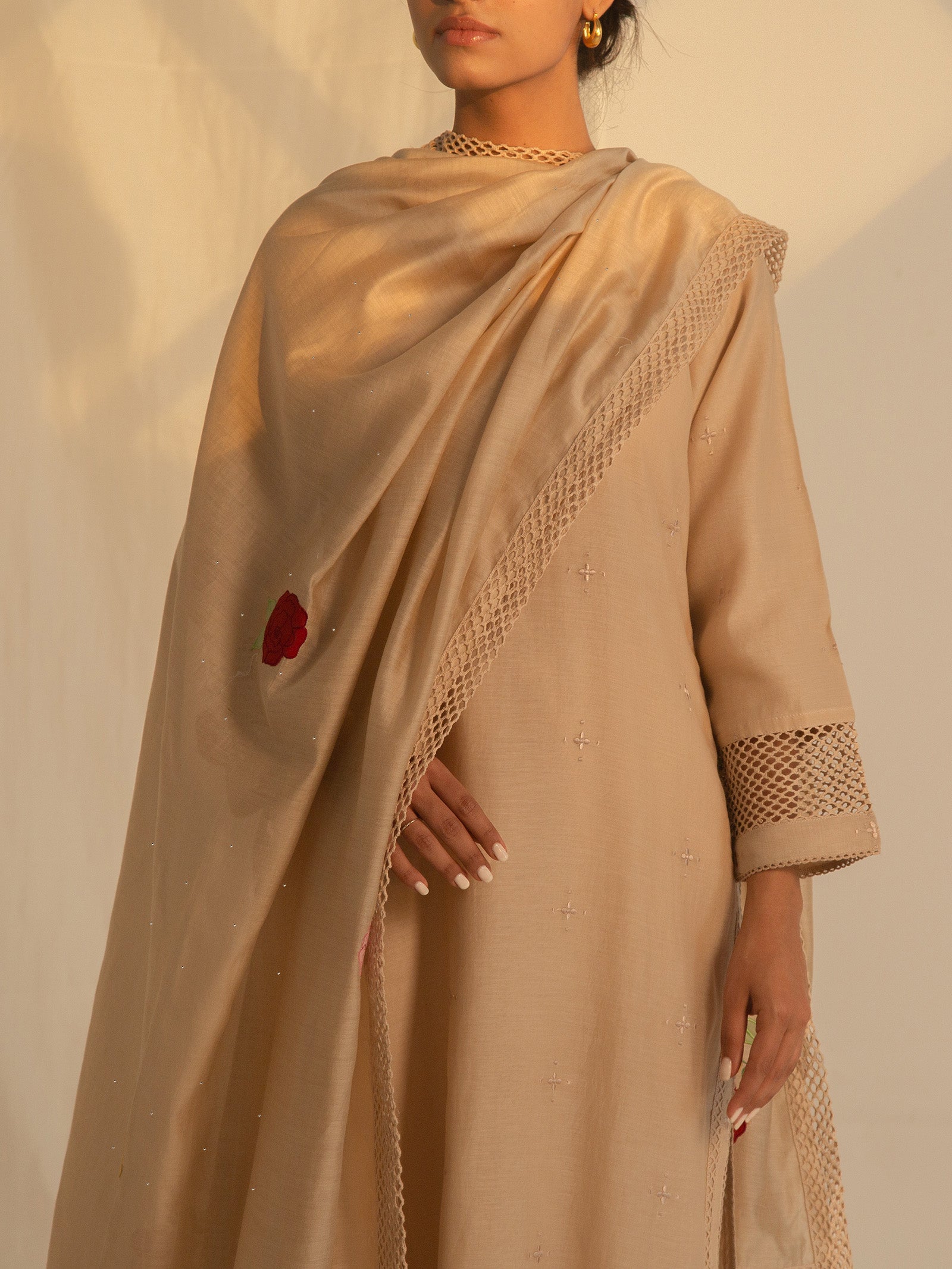 Satin Stitch Beige Chanderi Kurta