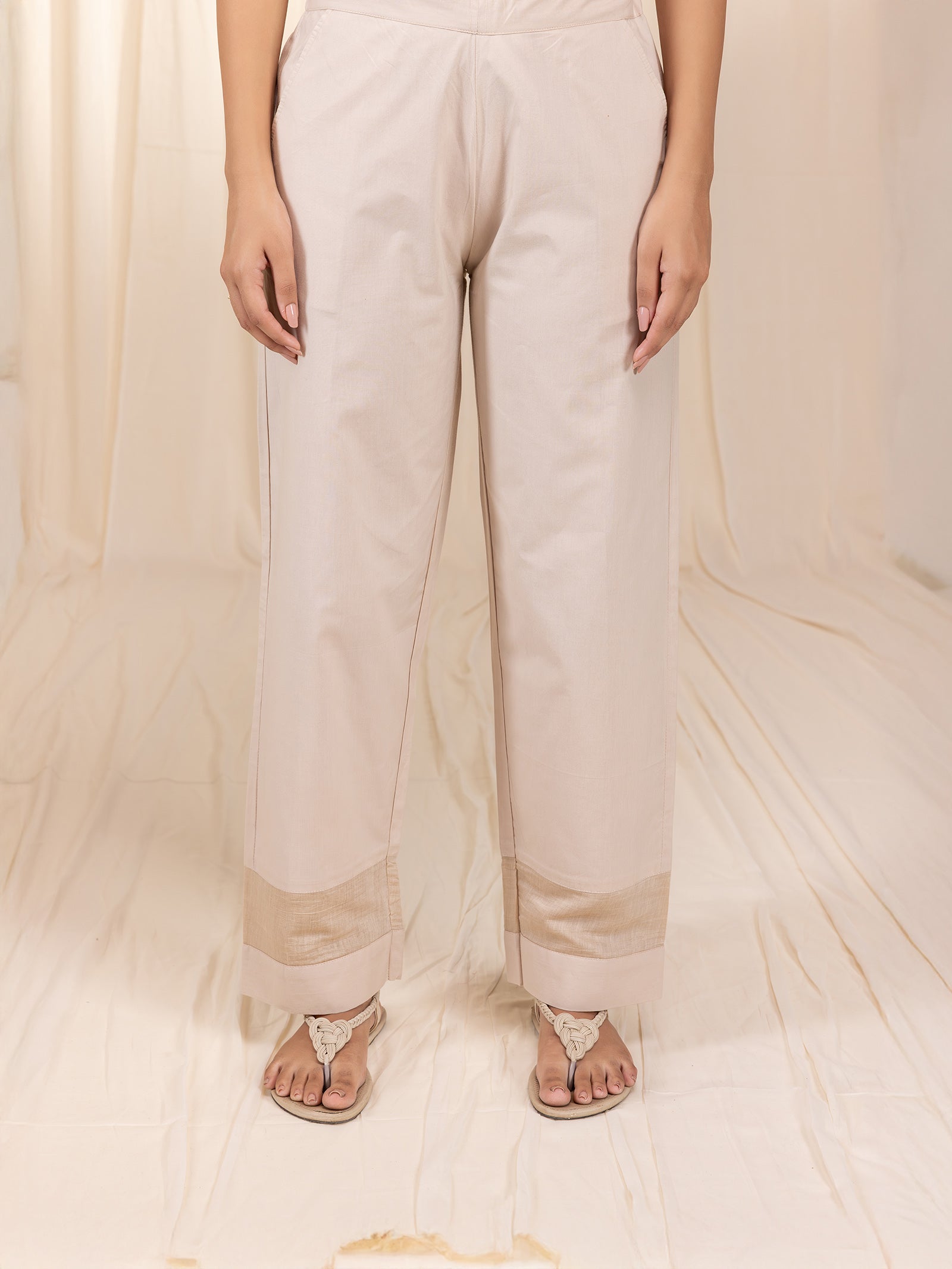 Satin Stitch Beige Cotton Straight Pant