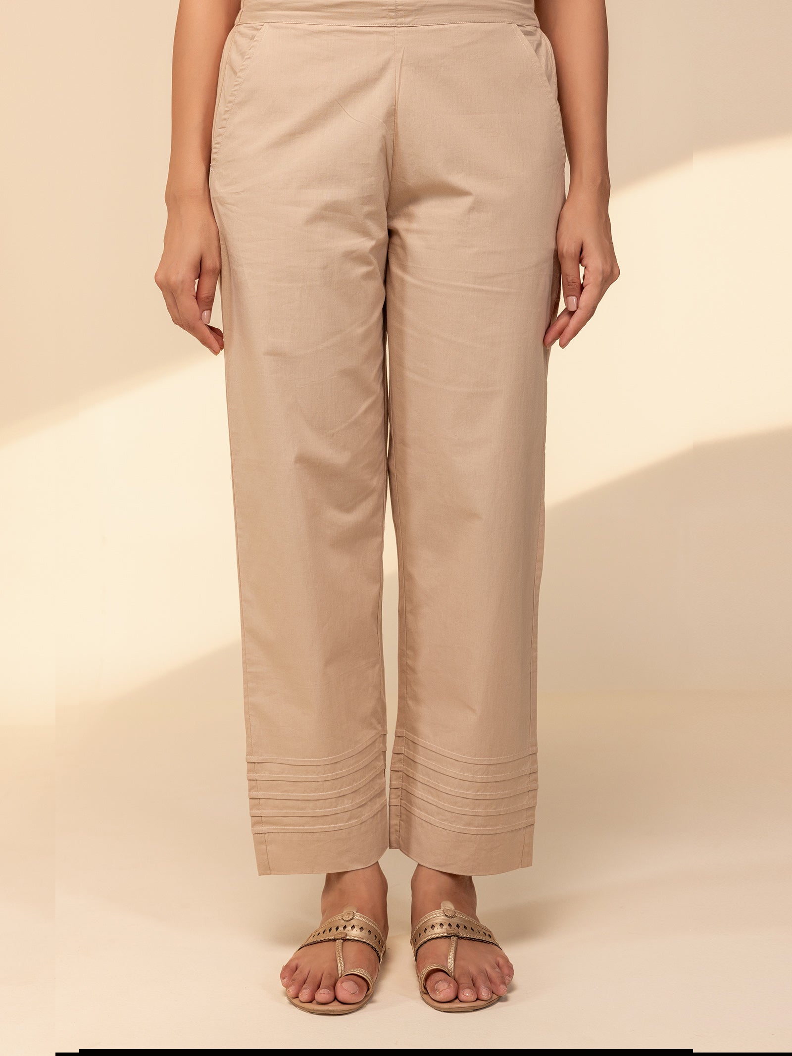 Plain Beige Cotton Straight Pant