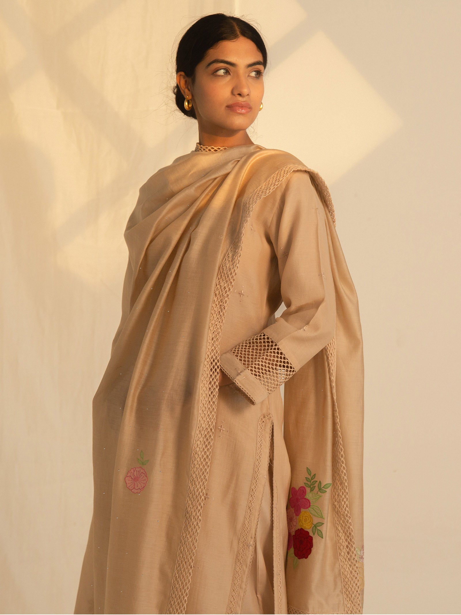 Satin Stitch Beige Chanderi Kurta