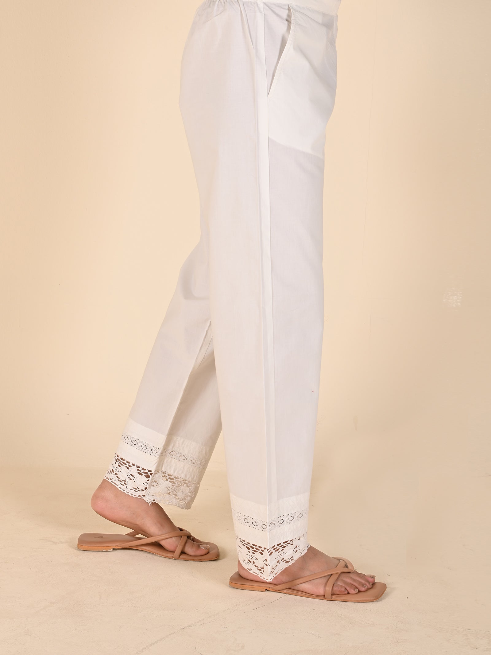 Cream Lace-40 Cotton Straight Pant