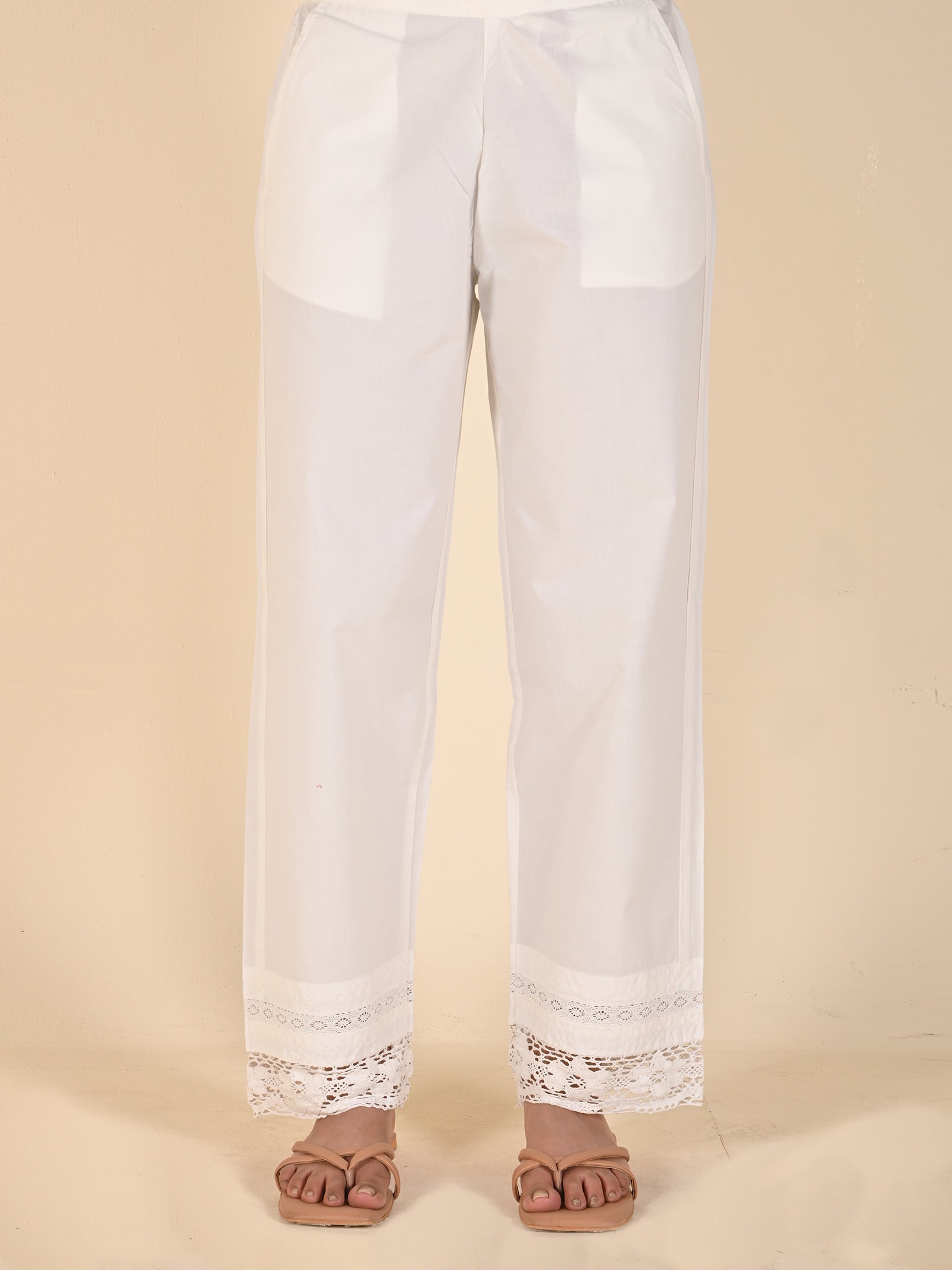 Cream Lace-40 Cotton Straight Pant