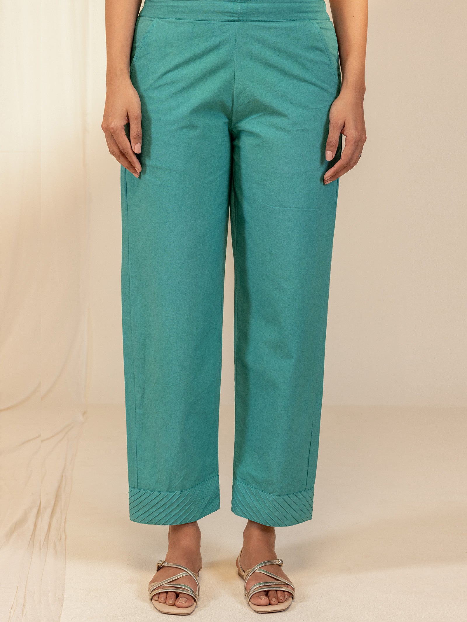 The Artisans Teal Cotton Straight Pant