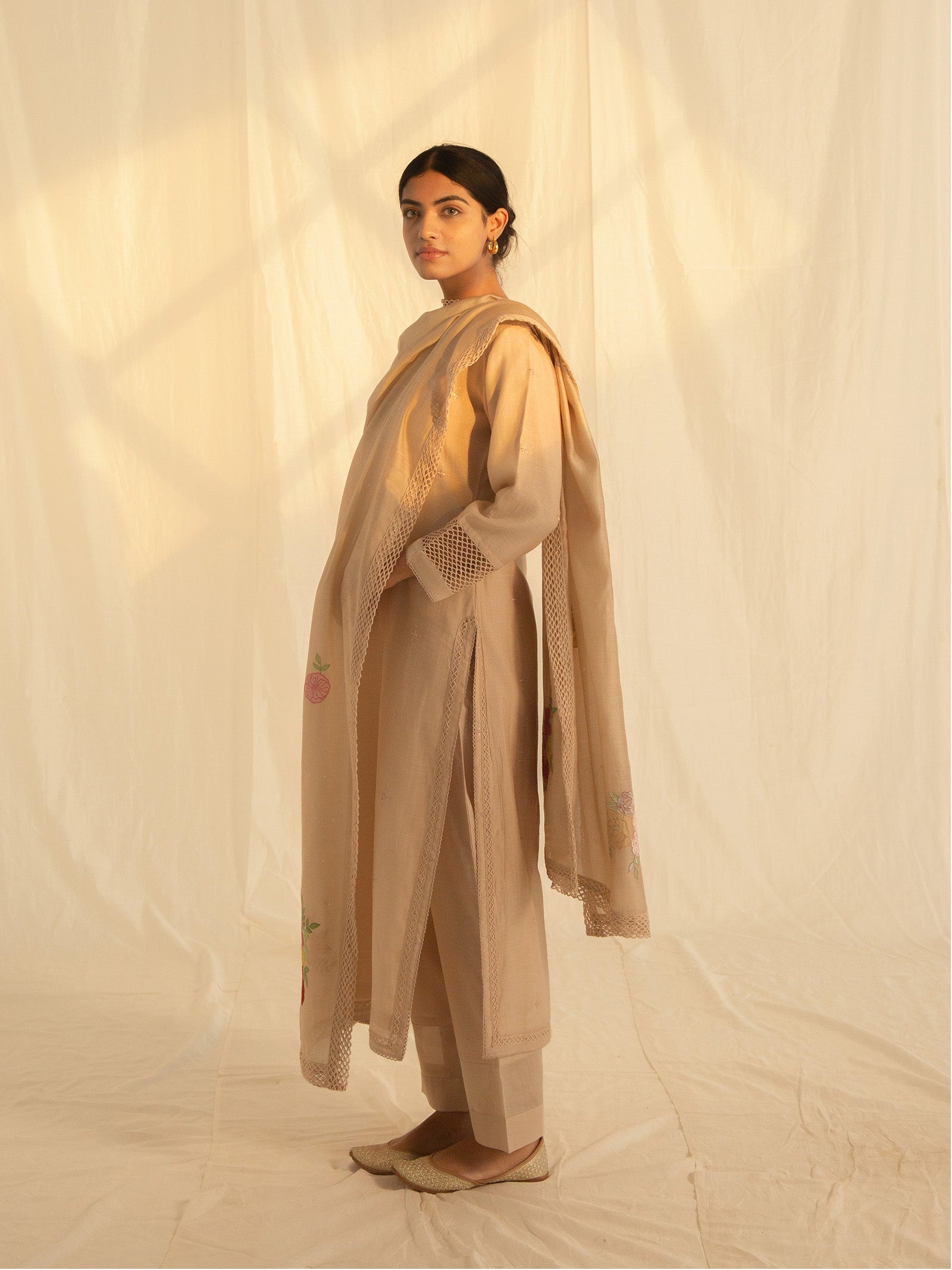 Satin Stitch Beige Chanderi Kurta