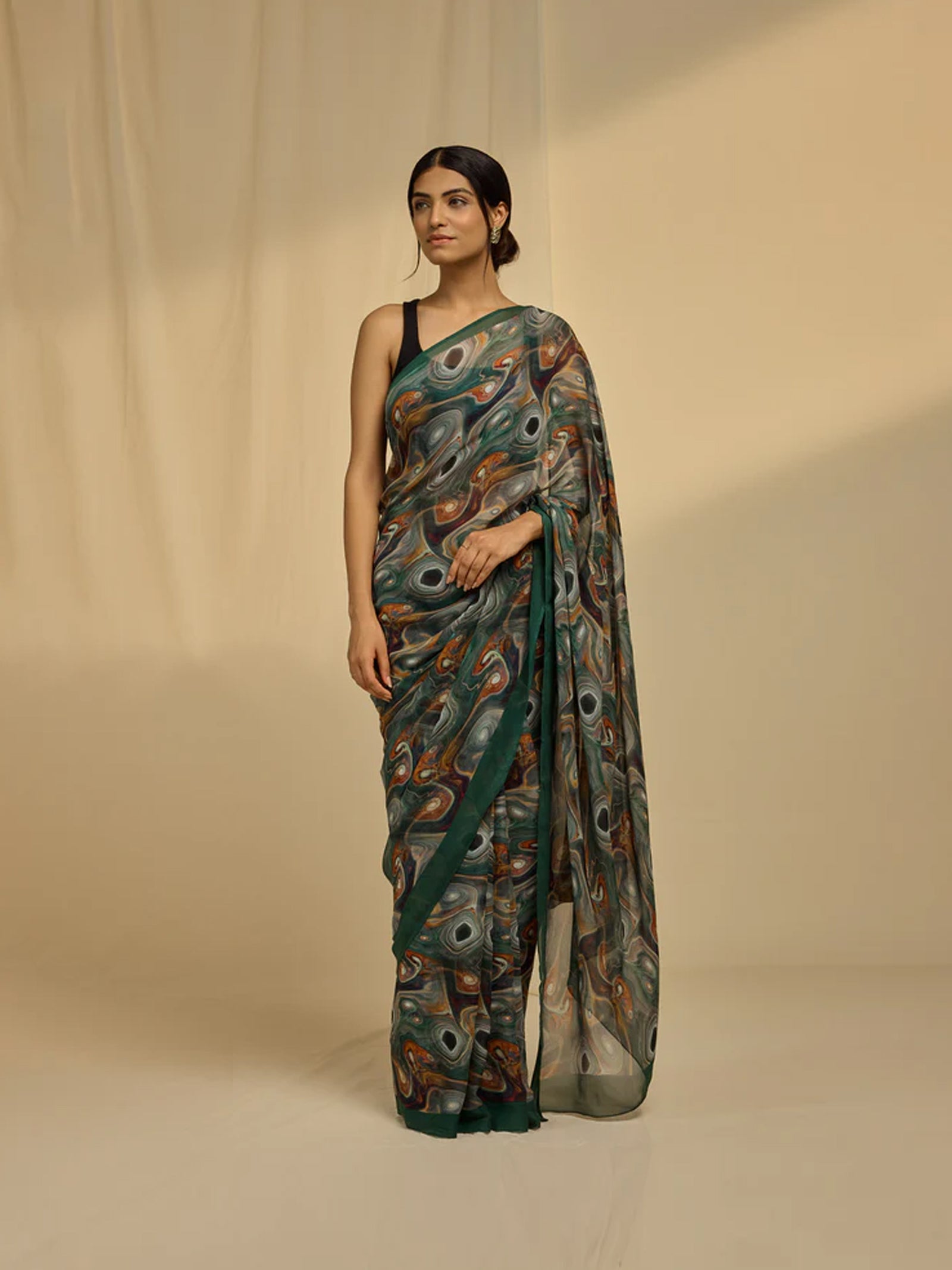 Abstract Green Chiffon Saree