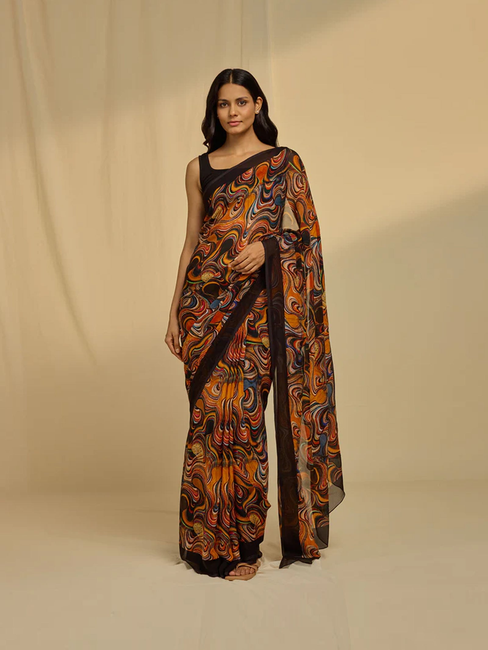 Abstract Orange Chiffon Saree