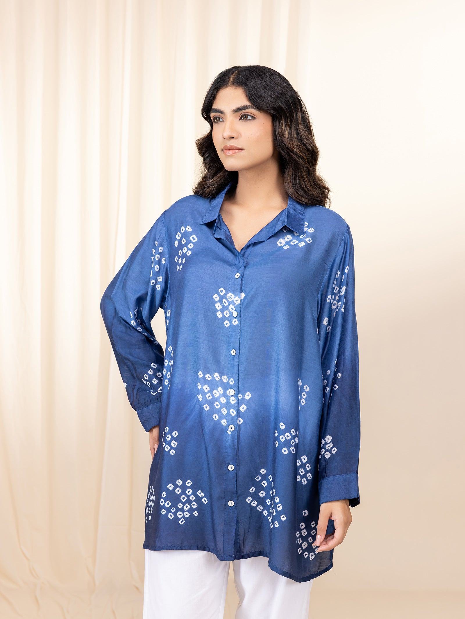 Bandhej Blue Viscose Silk Shirt