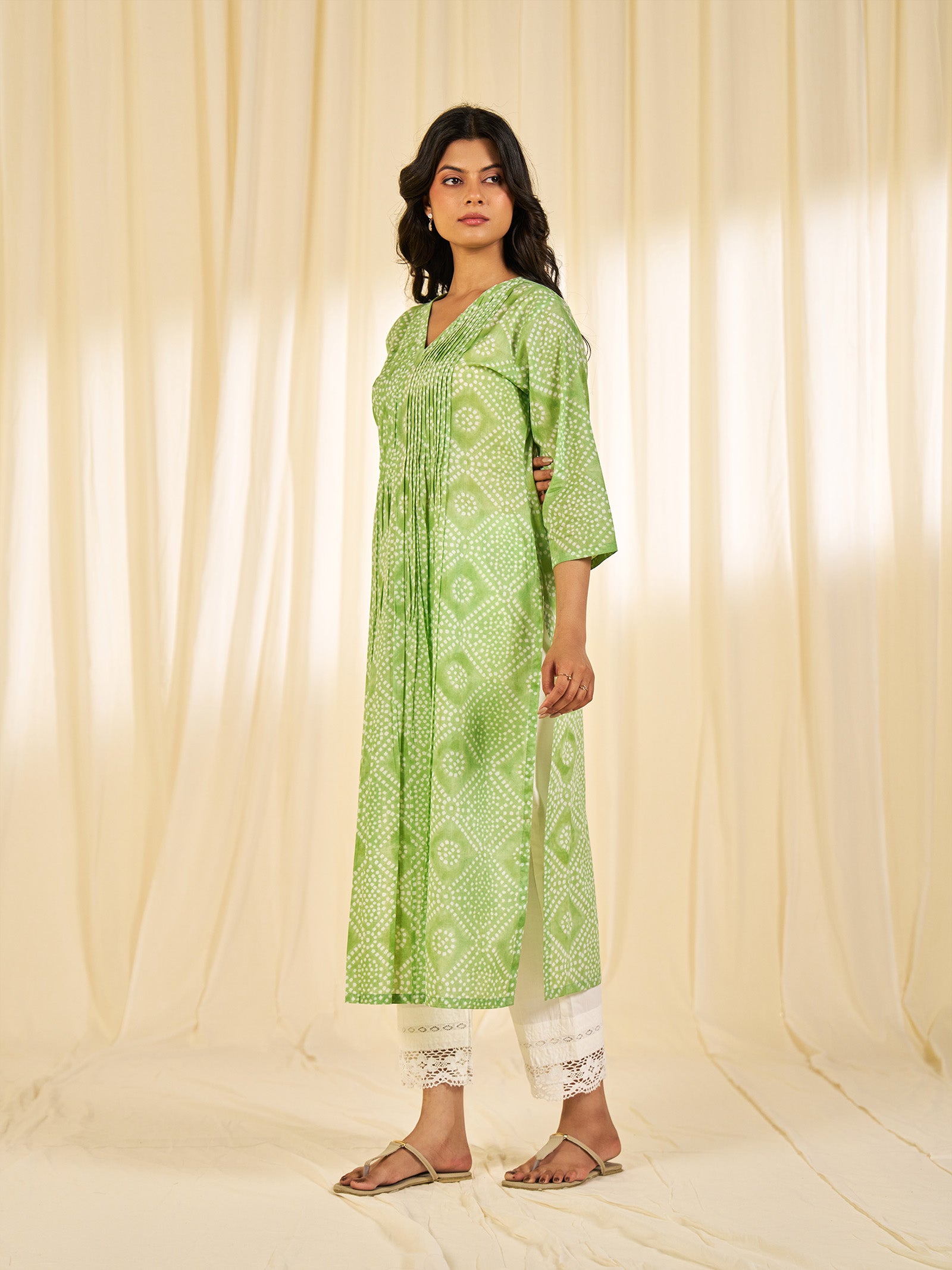 Block Bandhej Green Cotton Kurta