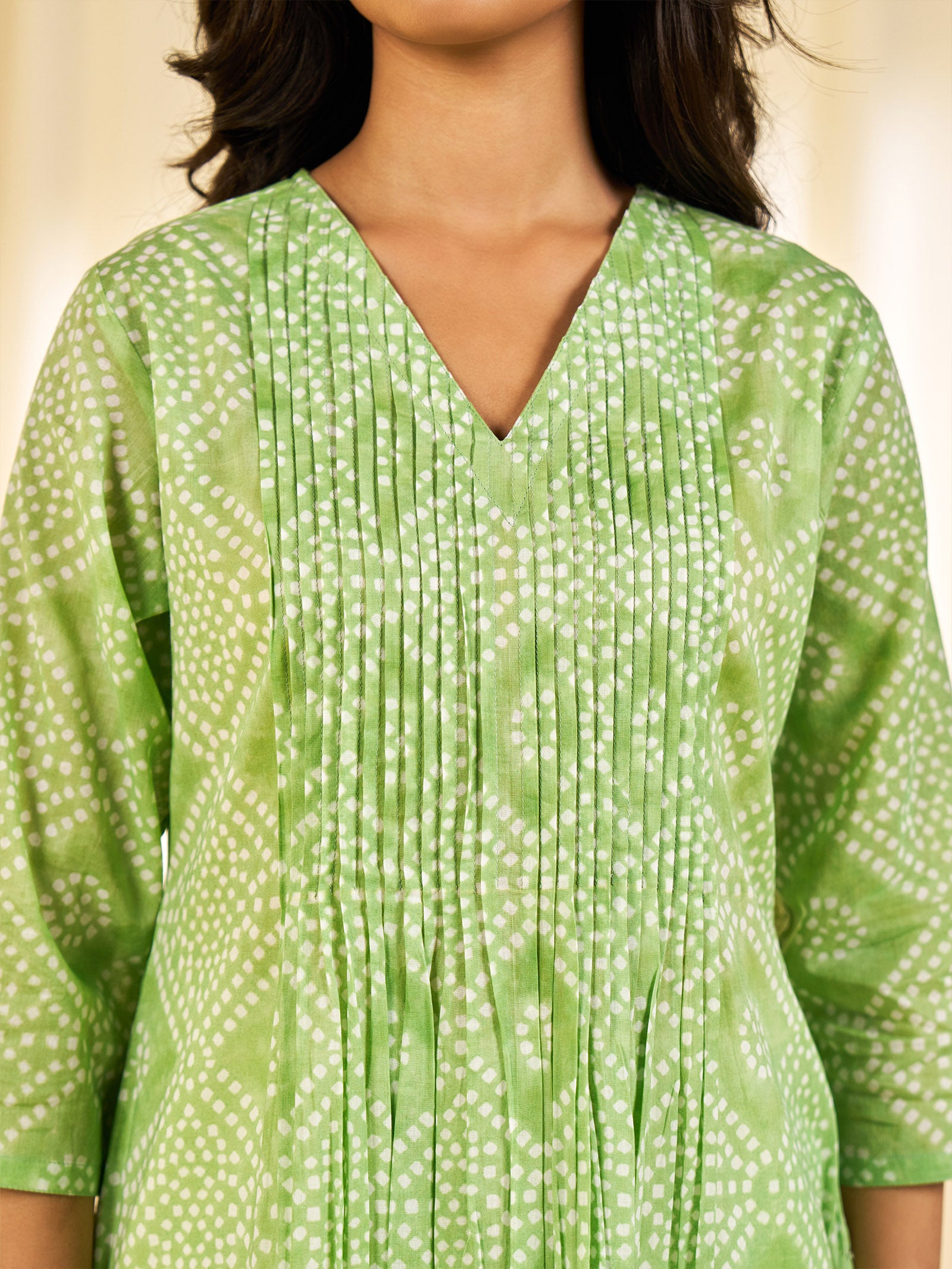 Block Bandhej Green Cotton Kurta