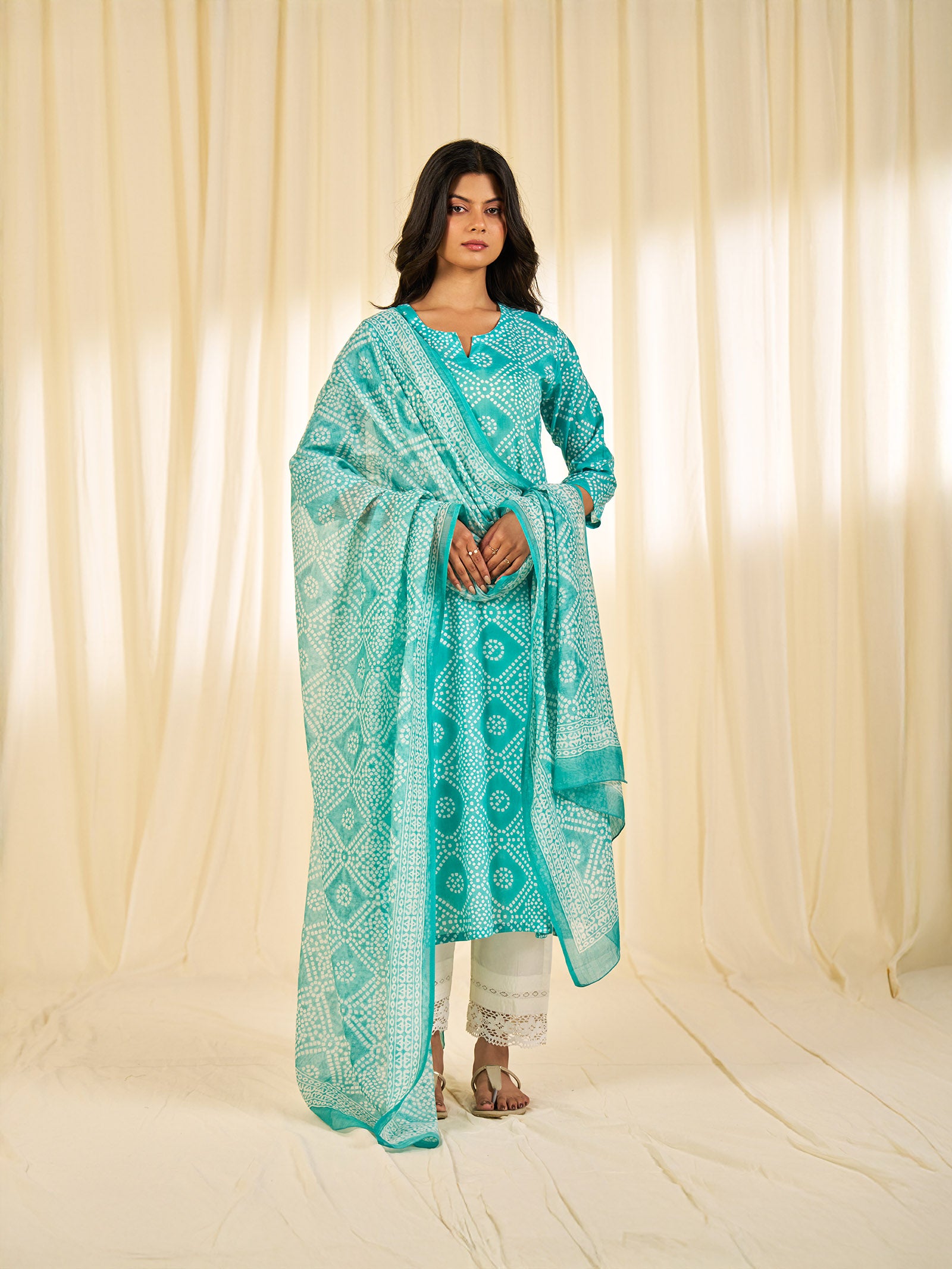 Block Bandhej Teal Chanderi Dupatta