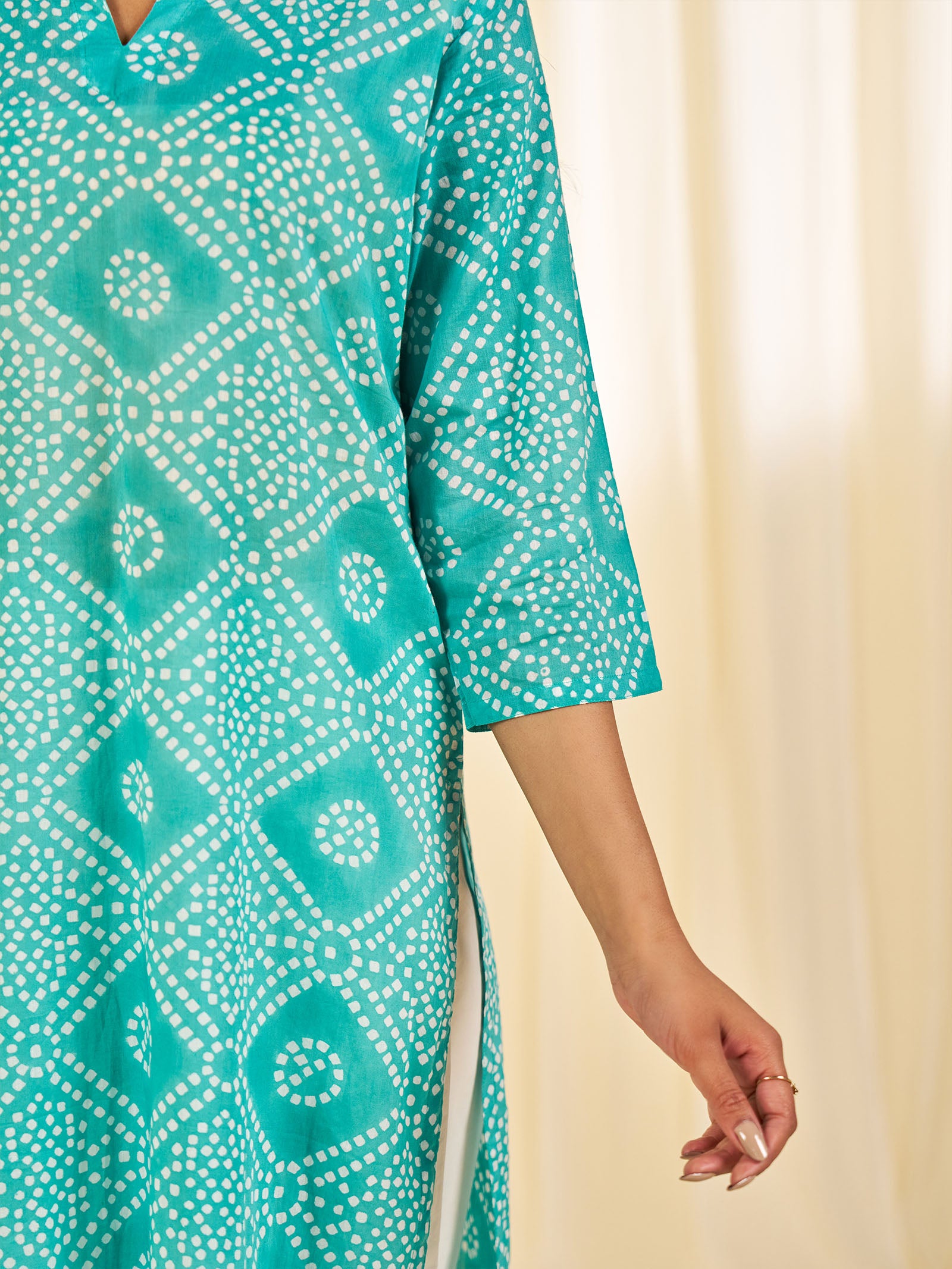 Block Bandhej Teal Cotton Kurta