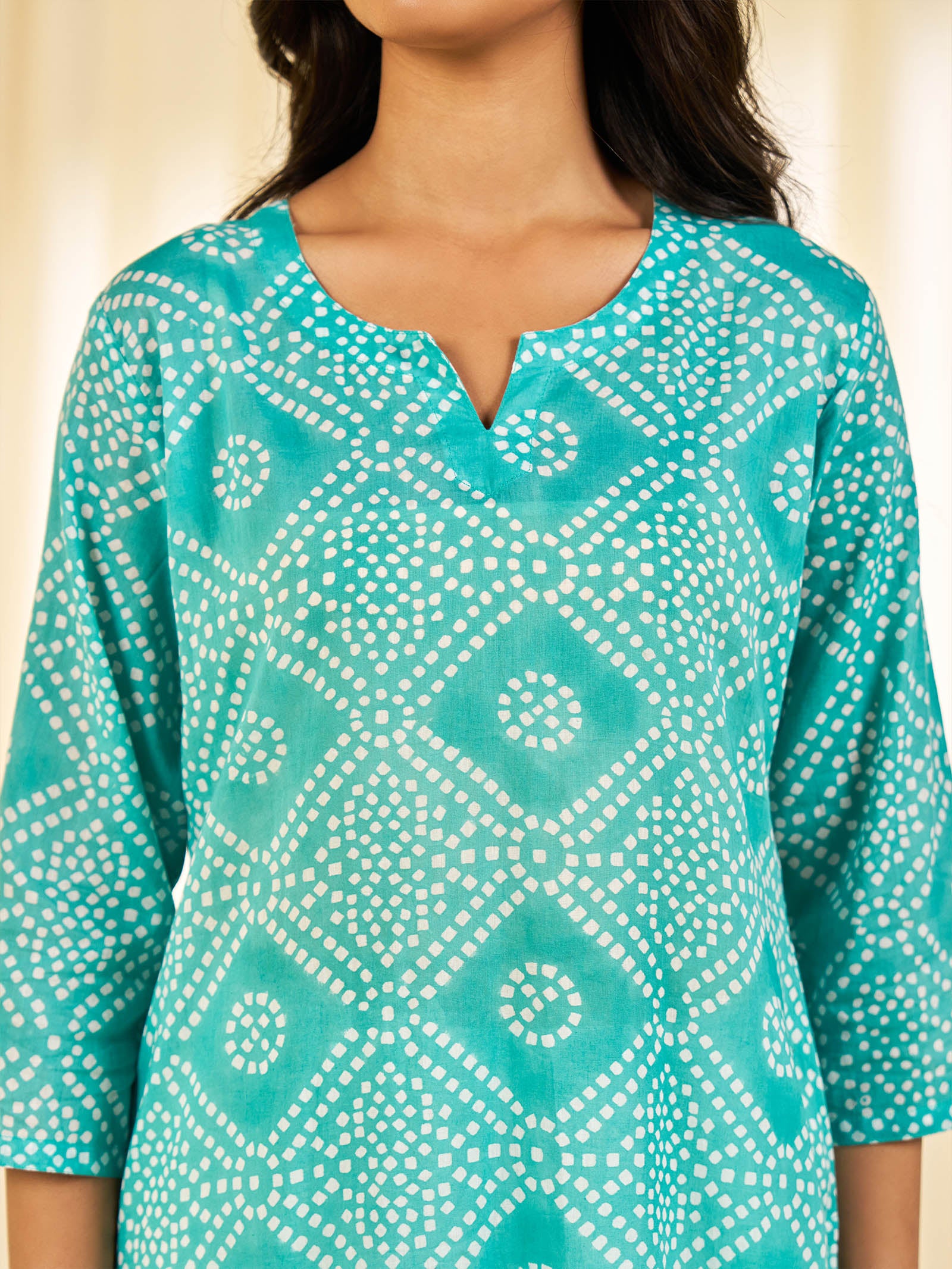 Block Bandhej Teal Cotton Kurta