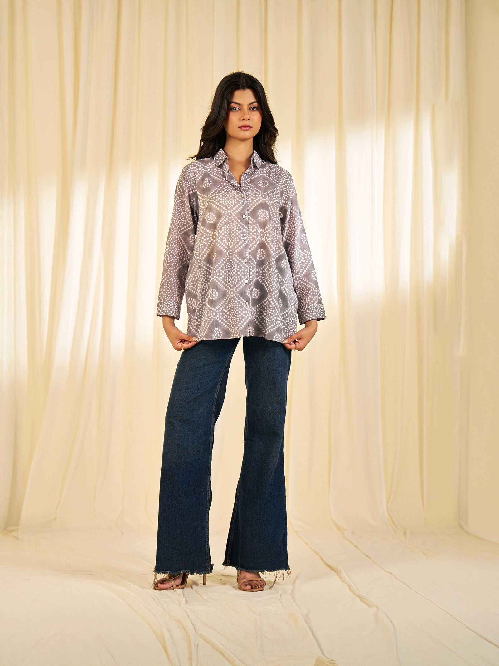 Block Bandhej Voile Shirt - Grey