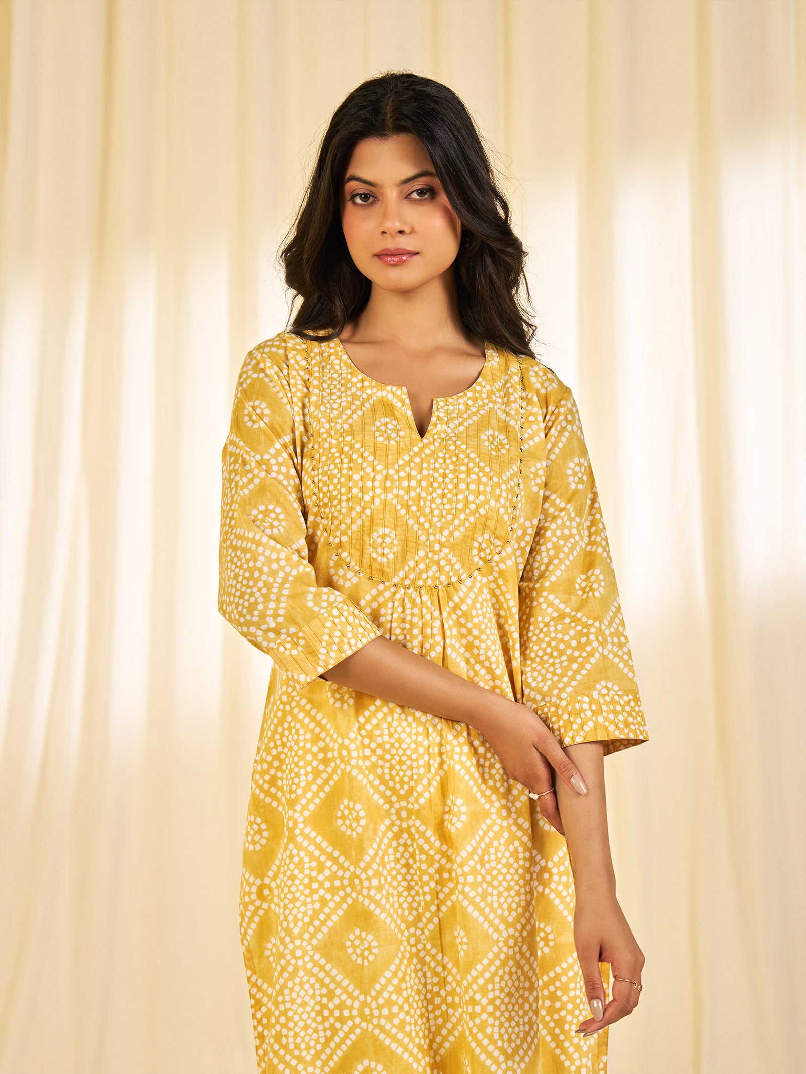 Block Bandhej Yellow Cotton Kurta